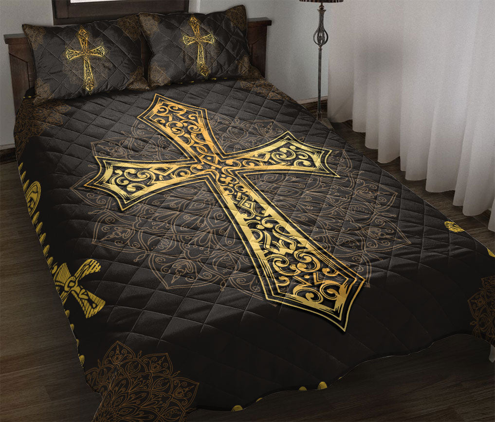 Ohaprints-Quilt-Bed-Set-Pillowcase-Mandala-Yellow-Black-Jesus-Cross-Christian-Religious-Unique-Blanket-Bedspread-Bedding-2407-Throw (55'' x 60'')