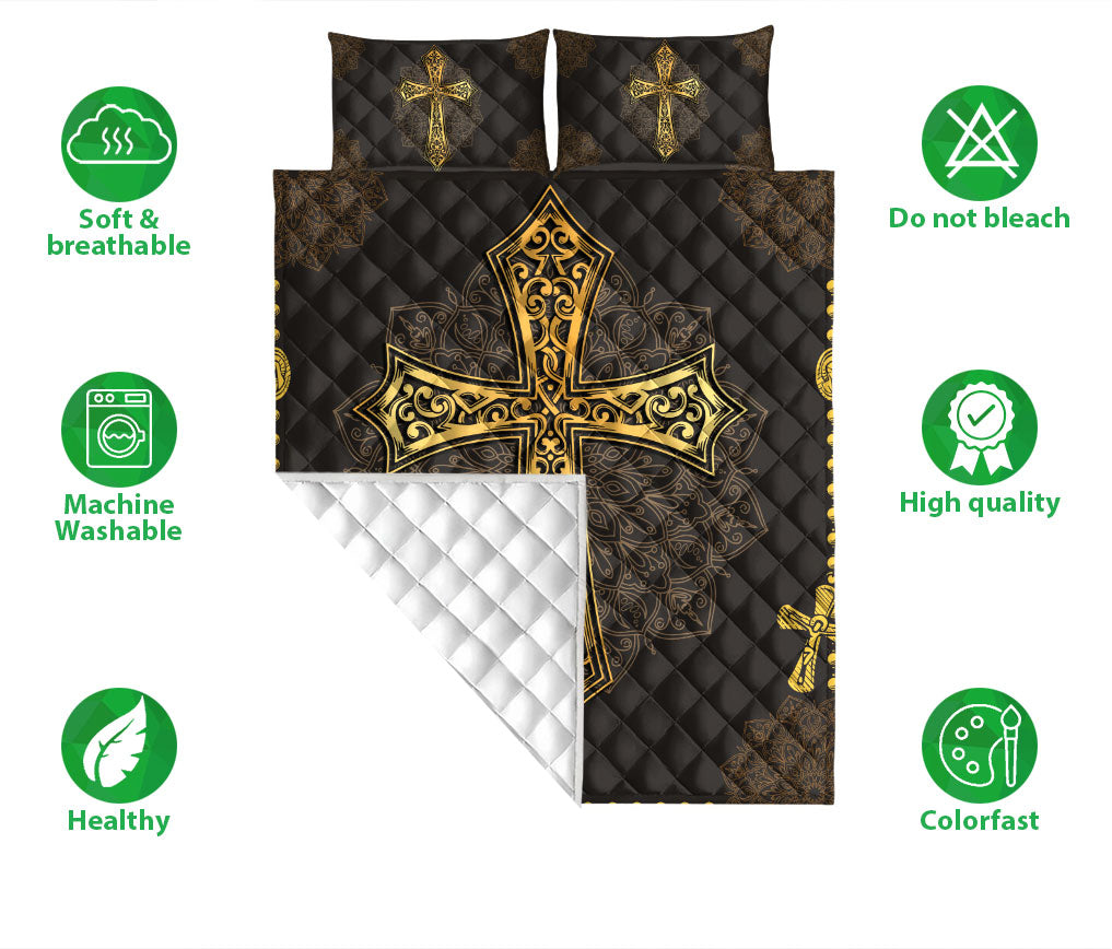 Ohaprints-Quilt-Bed-Set-Pillowcase-Mandala-Yellow-Black-Jesus-Cross-Christian-Religious-Unique-Blanket-Bedspread-Bedding-2407-Double (70'' x 80'')