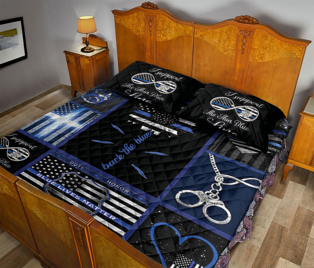 Ohaprints-Quilt-Bed-Set-Pillowcase-Patchwork-Thin-Blue-Line-Heart-Sunflower-Police-Blue-Black-Blanket-Bedspread-Bedding-1360-Queen (80'' x 90'')