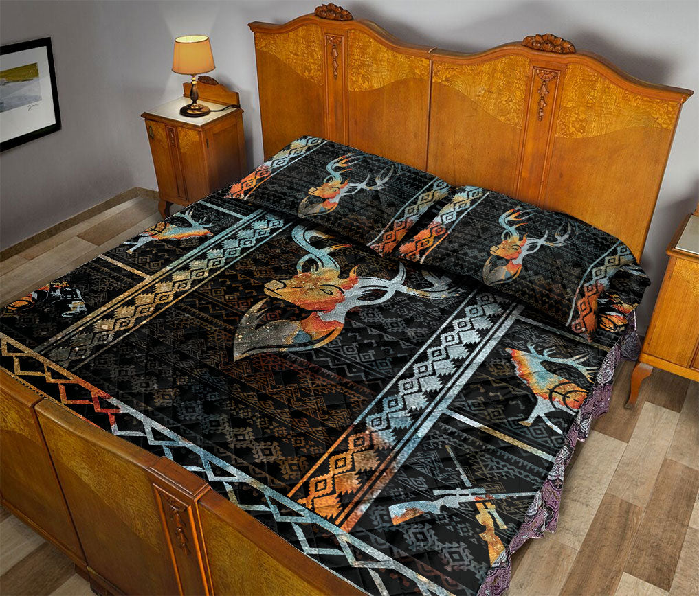 Ohaprints-Quilt-Bed-Set-Pillowcase-Patchwork-Boho-Vintage-Buck-Deer-Hunting-Hunter-Black-Unique-Blanket-Bedspread-Bedding-2499-Queen (80'' x 90'')