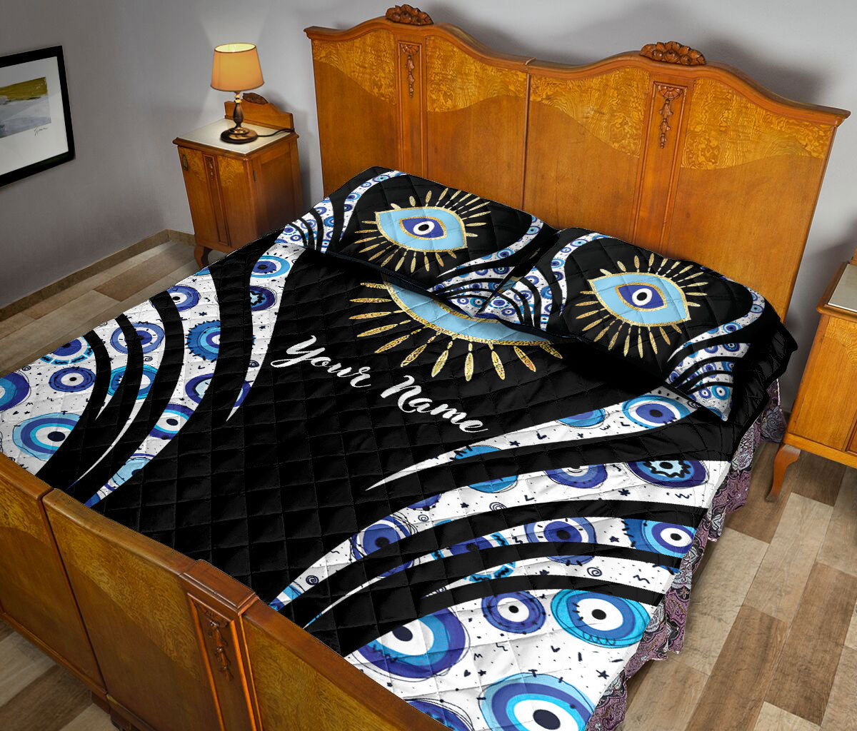 Ohaprints-Quilt-Bed-Set-Pillowcase-Nazar-Greek-Matiasma-Mati-Evil-Mataki-Eye-Spirit-Blue-Custom-Personalized-Name-Blanket-Bedspread-Bedding-2865-King (90'' x 100'')