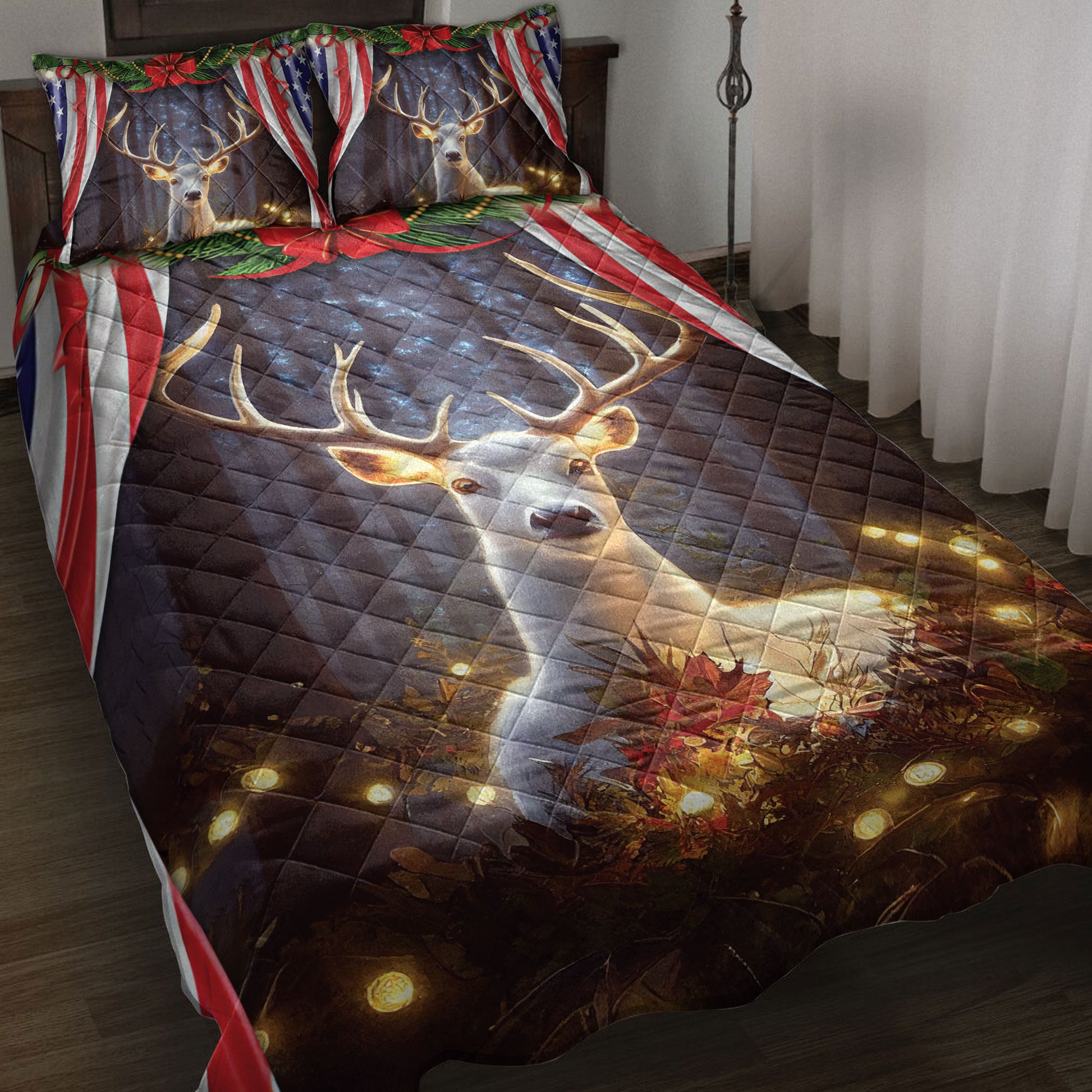 Ohaprints-Quilt-Bed-Set-Pillowcase-Beautiful-Deer-Christmas-Light-In-Forest-American-Flag-Unique-Gift-Blanket-Bedspread-Bedding-4244-Throw (55'' x 60'')