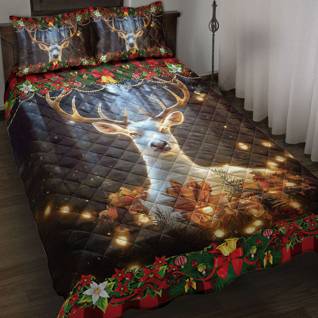 Ohaprints-Quilt-Bed-Set-Pillowcase-Beautiful-Deer-With-Poinsettia-Christmas-Light-Unique-Gift-Blanket-Bedspread-Bedding-4247-Throw (55'' x 60'')