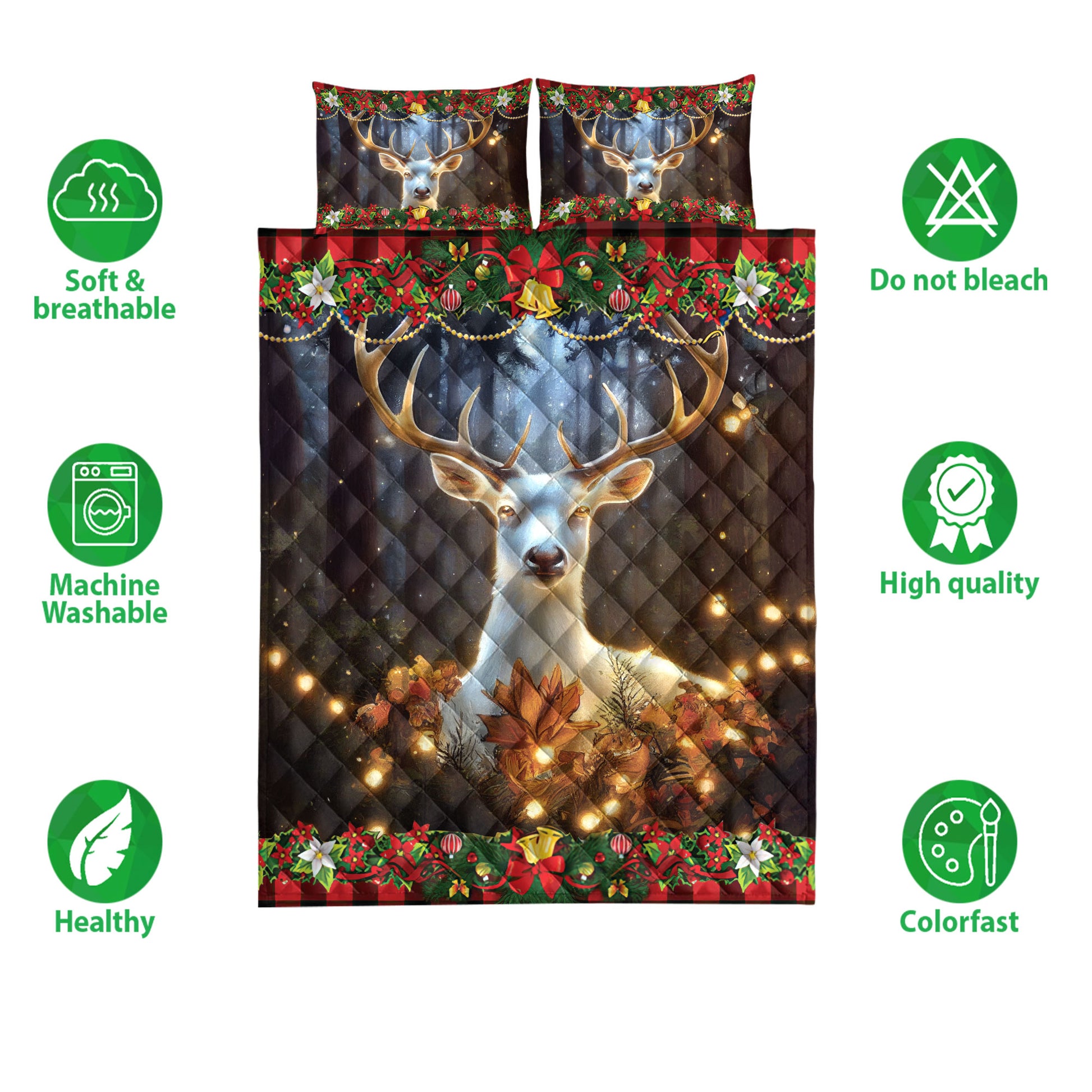 Ohaprints-Quilt-Bed-Set-Pillowcase-Beautiful-Deer-With-Poinsettia-Christmas-Light-Unique-Gift-Blanket-Bedspread-Bedding-4247-Double (70'' x 80'')