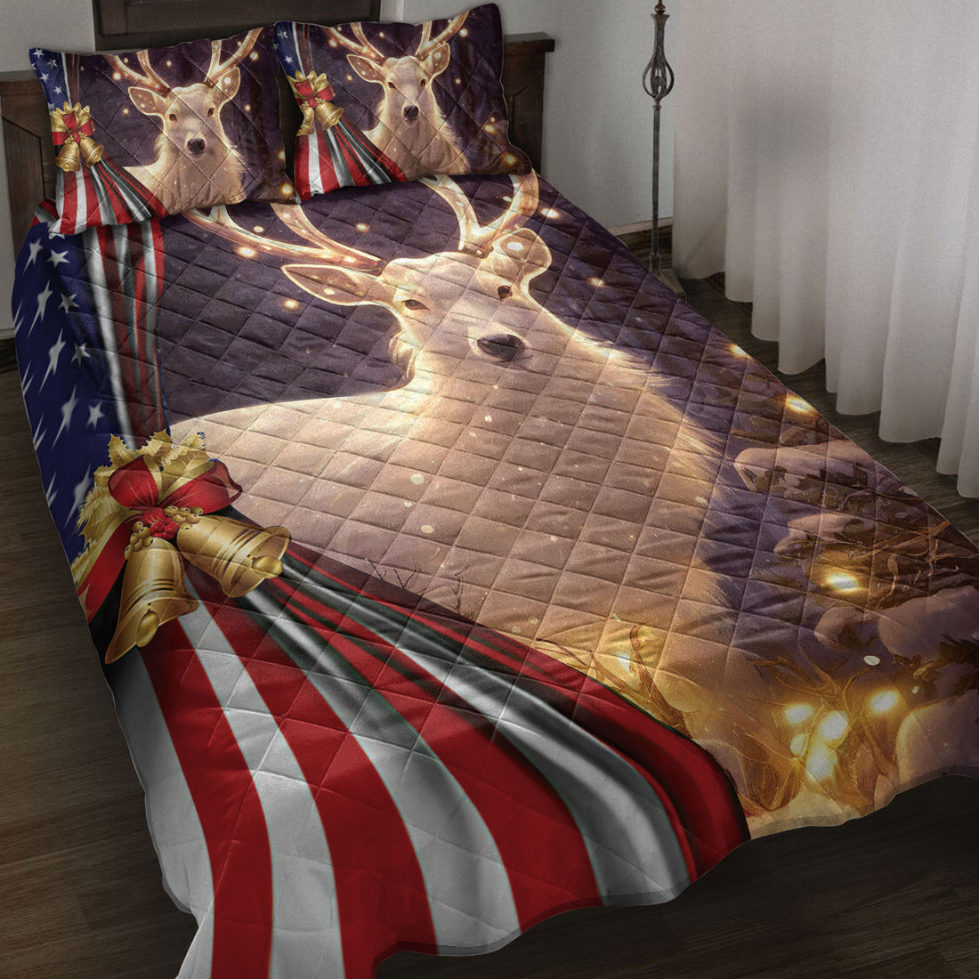 Ohaprints-Quilt-Bed-Set-Pillowcase-Beautiful-Deer-With-Christmas-Bell-American-Flag-Christmas-Gift-Blanket-Bedspread-Bedding-4249-Throw (55'' x 60'')