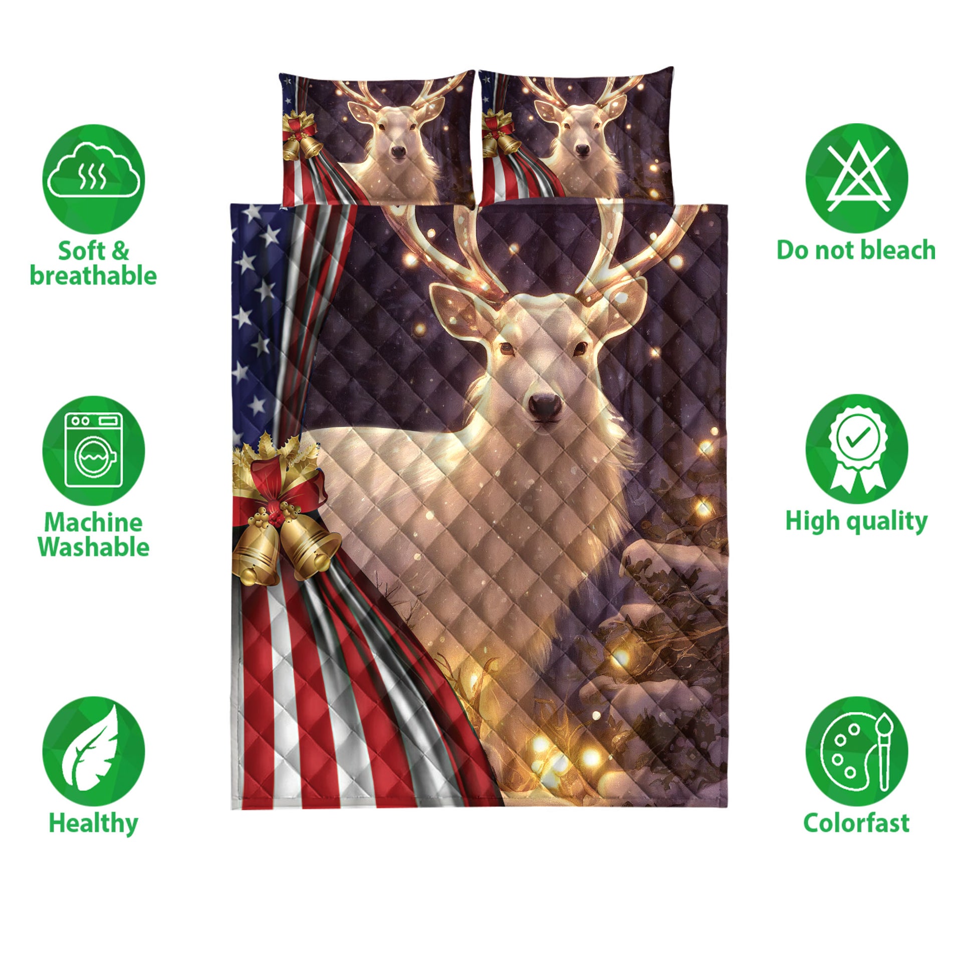 Ohaprints-Quilt-Bed-Set-Pillowcase-Beautiful-Deer-With-Christmas-Bell-American-Flag-Christmas-Gift-Blanket-Bedspread-Bedding-4249-Double (70'' x 80'')