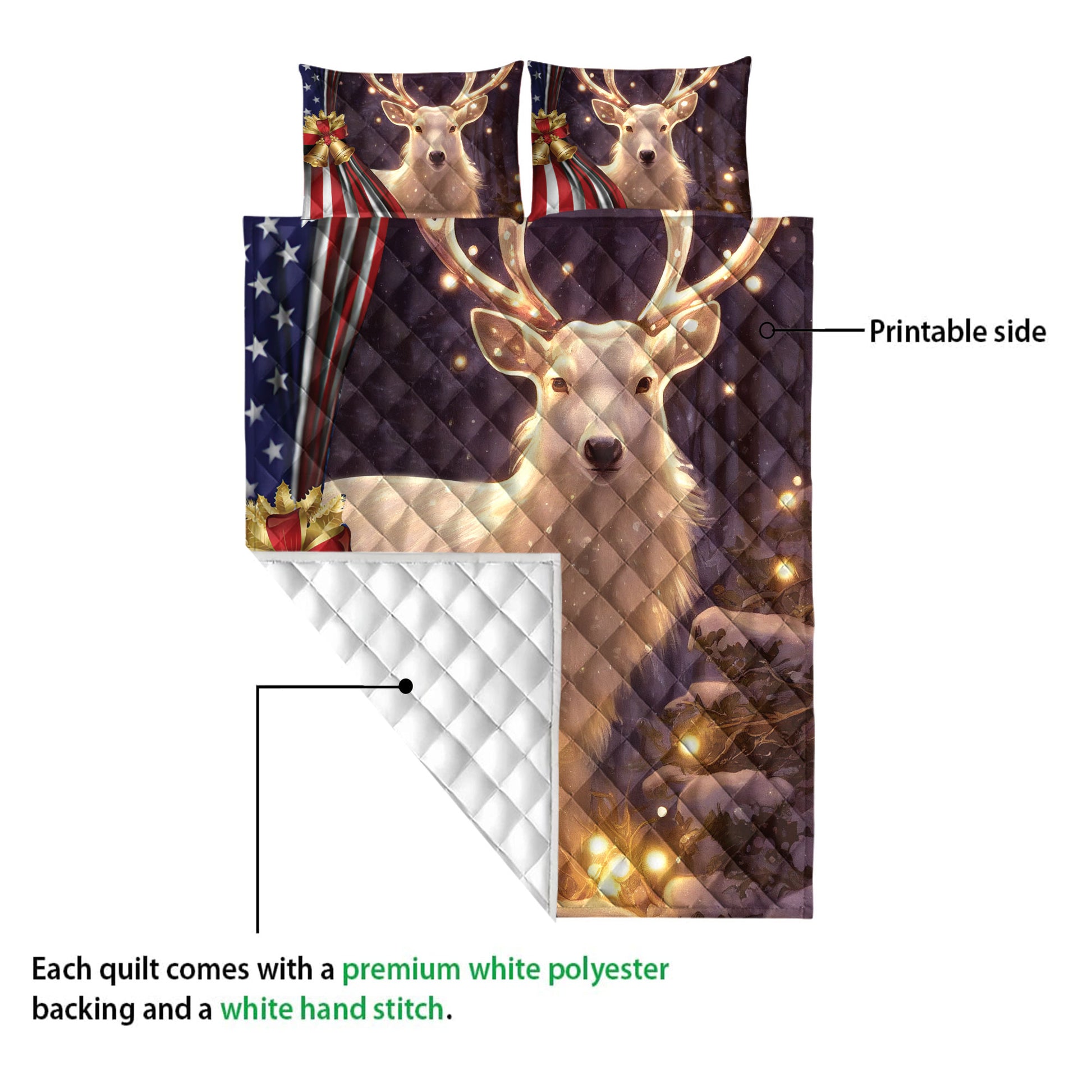 Ohaprints-Quilt-Bed-Set-Pillowcase-Beautiful-Deer-With-Christmas-Bell-American-Flag-Christmas-Gift-Blanket-Bedspread-Bedding-4249-Queen (80'' x 90'')