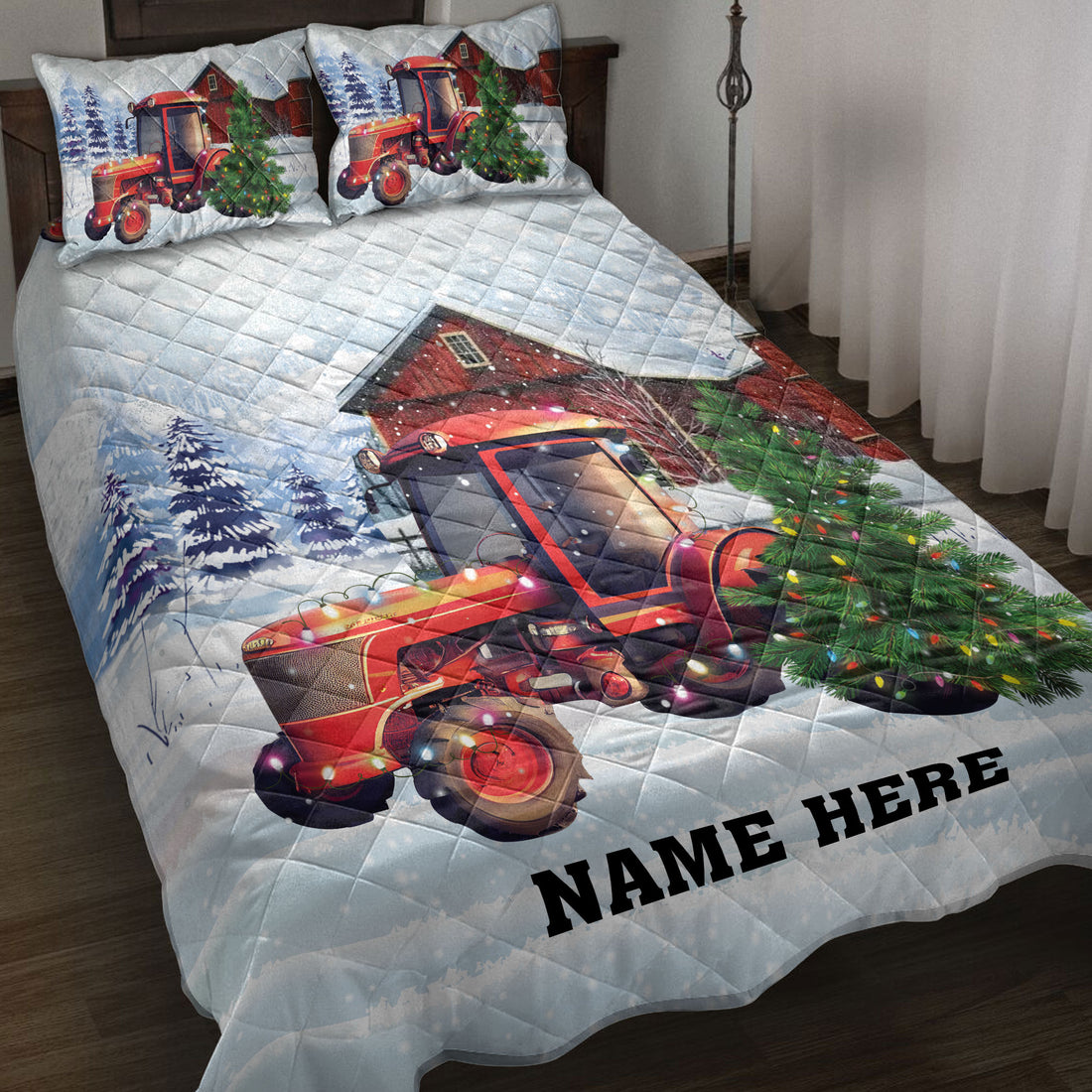 Ohaprints-Quilt-Bed-Set-Pillowcase-Red-Tractor-Christmas-Tree-Farm-Country-Custom-Personalized-Name-Blanket-Bedspread-Bedding-4059-Throw (55'' x 60'')