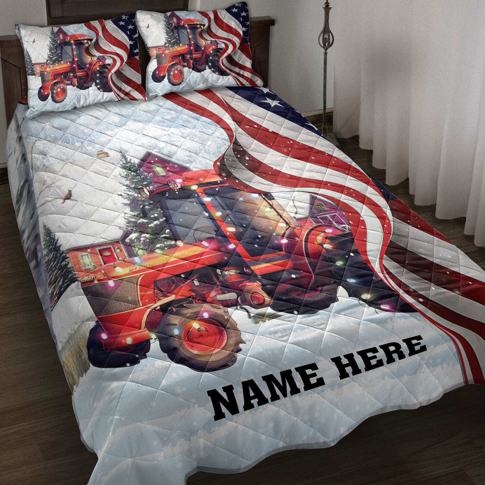 Ohaprints-Quilt-Bed-Set-Pillowcase-Red-Tractor-Christmas-String-Light-Us-Flag-Custom-Personalized-Name-Blanket-Bedspread-Bedding-4060-Throw (55'' x 60'')