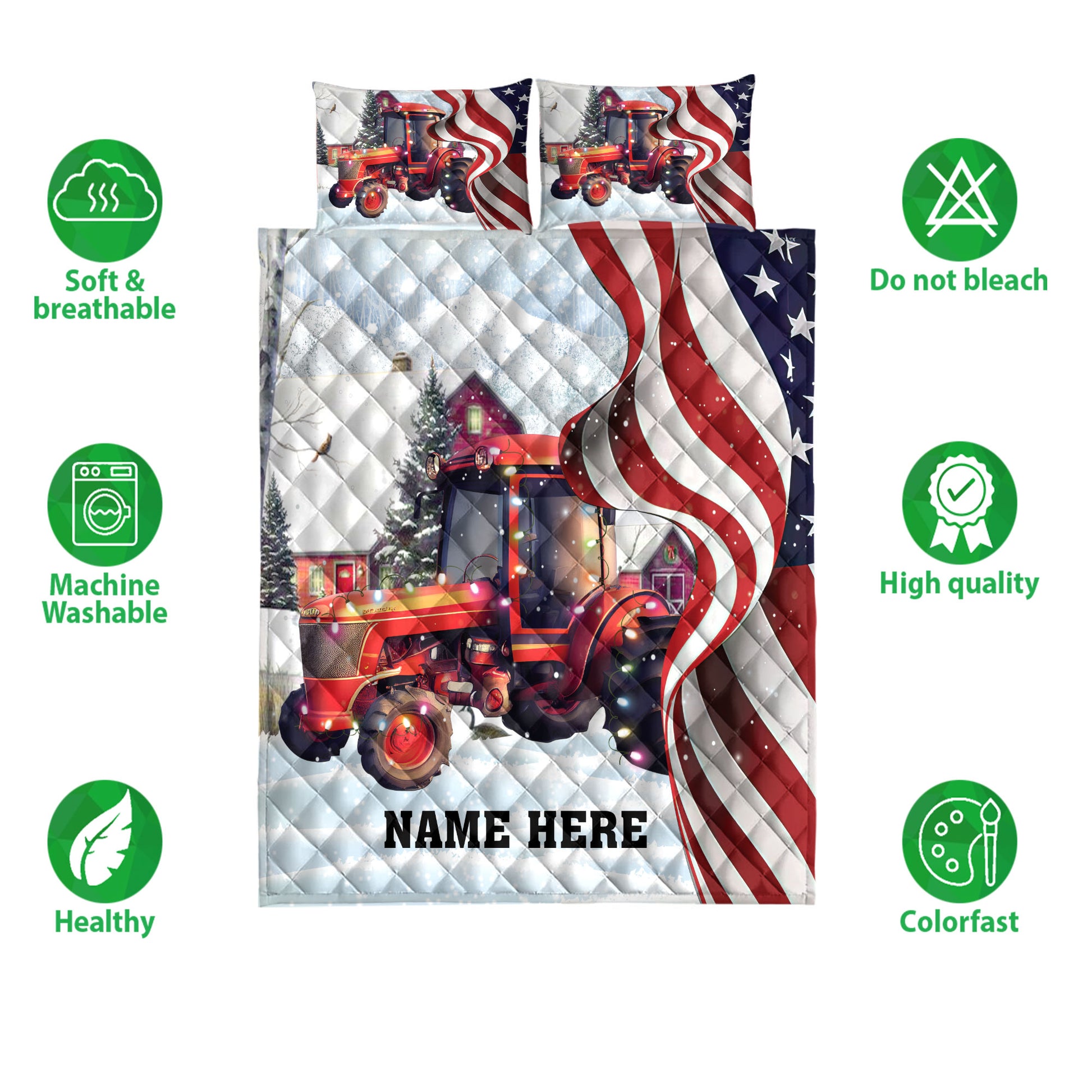 Ohaprints-Quilt-Bed-Set-Pillowcase-Red-Tractor-Christmas-String-Light-Us-Flag-Custom-Personalized-Name-Blanket-Bedspread-Bedding-4060-Double (70'' x 80'')