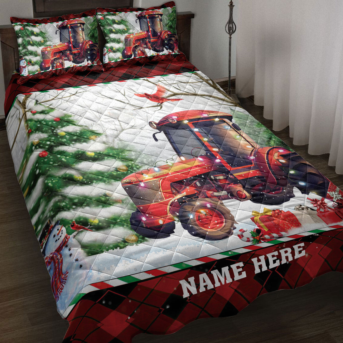 Ohaprints-Quilt-Bed-Set-Pillowcase-Red-Tractor-Snow-Christmas-Tree-Custom-Personalized-Name-Blanket-Bedspread-Bedding-4061-Throw (55'' x 60'')