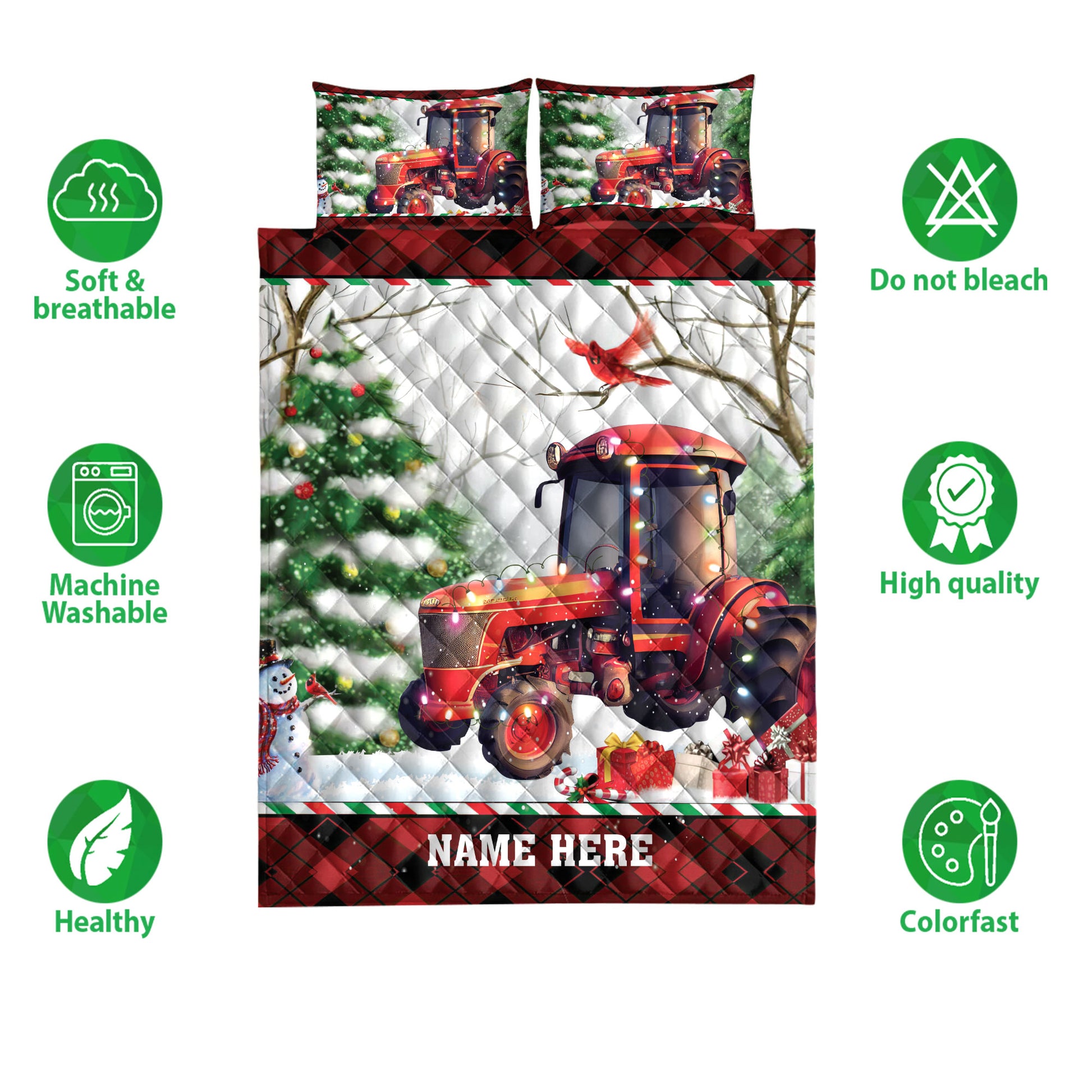 Ohaprints-Quilt-Bed-Set-Pillowcase-Red-Tractor-Snow-Christmas-Tree-Custom-Personalized-Name-Blanket-Bedspread-Bedding-4061-Double (70'' x 80'')