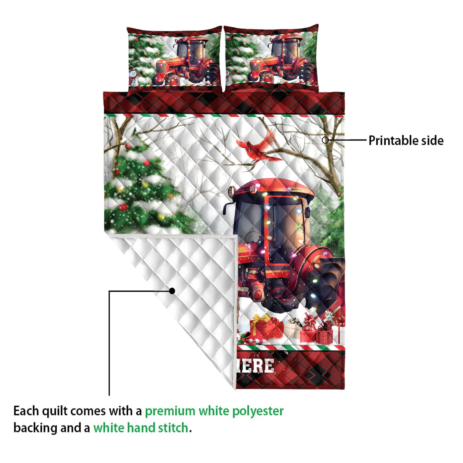 Ohaprints-Quilt-Bed-Set-Pillowcase-Red-Tractor-Snow-Christmas-Tree-Custom-Personalized-Name-Blanket-Bedspread-Bedding-4061-Queen (80'' x 90'')