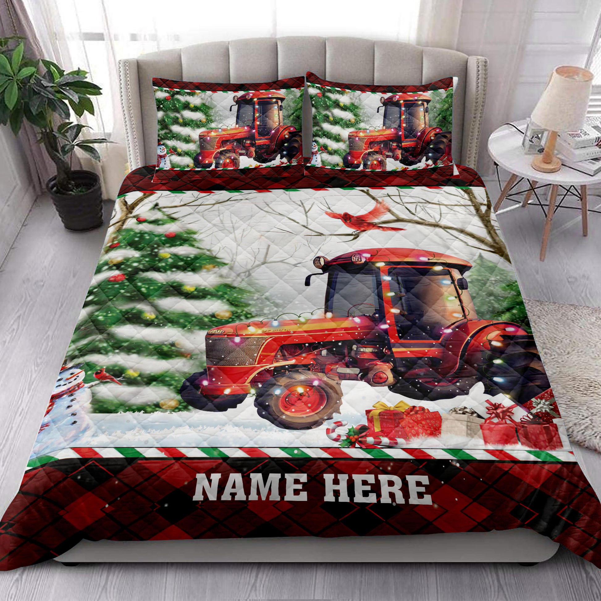 Ohaprints-Quilt-Bed-Set-Pillowcase-Red-Tractor-Snow-Christmas-Tree-Custom-Personalized-Name-Blanket-Bedspread-Bedding-4061-King (90'' x 100'')