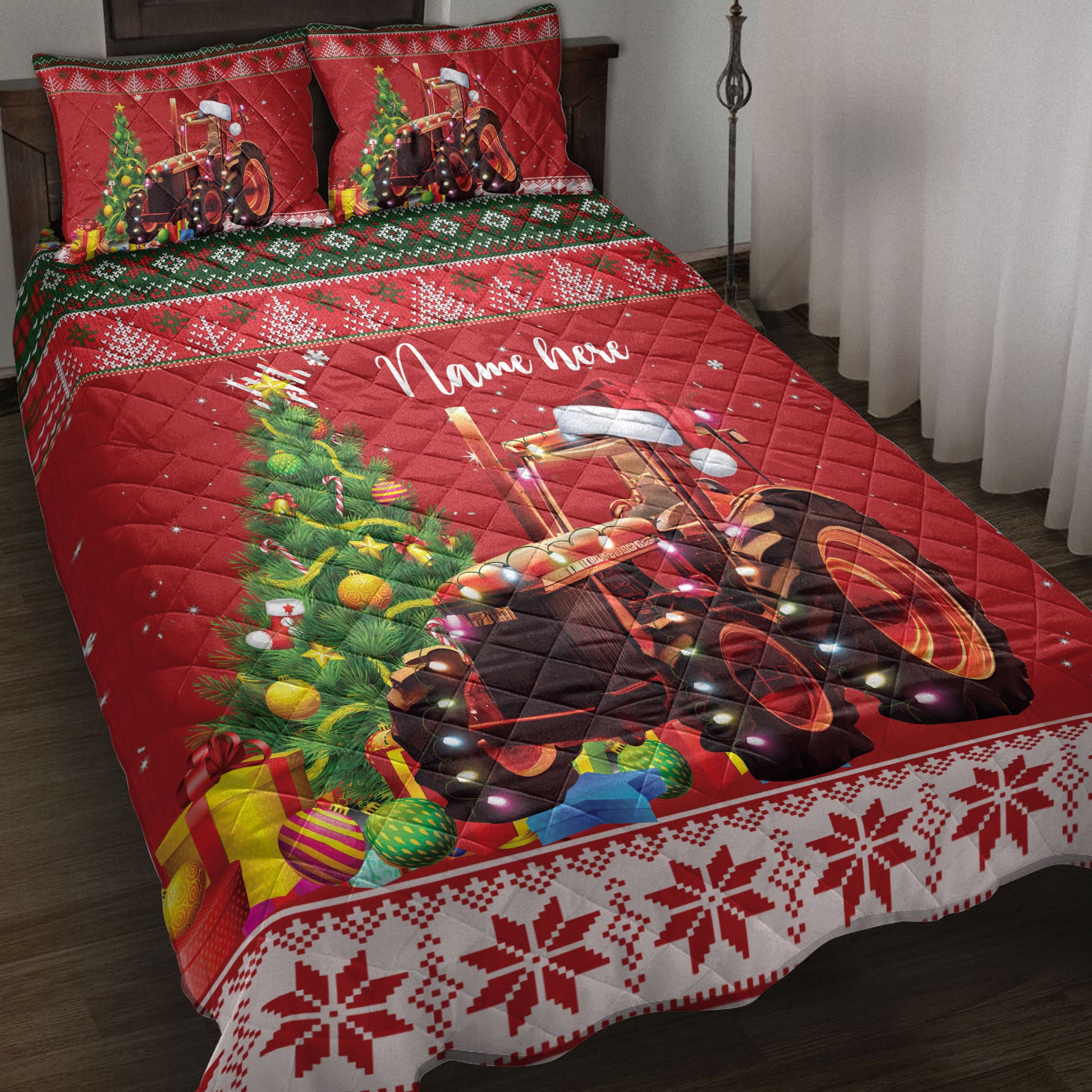 Ohaprints-Quilt-Bed-Set-Pillowcase-Red-Tractor-Christmas-Hat-Farm-Country-Life-Custom-Personalized-Name-Blanket-Bedspread-Bedding-4062-Throw (55'' x 60'')