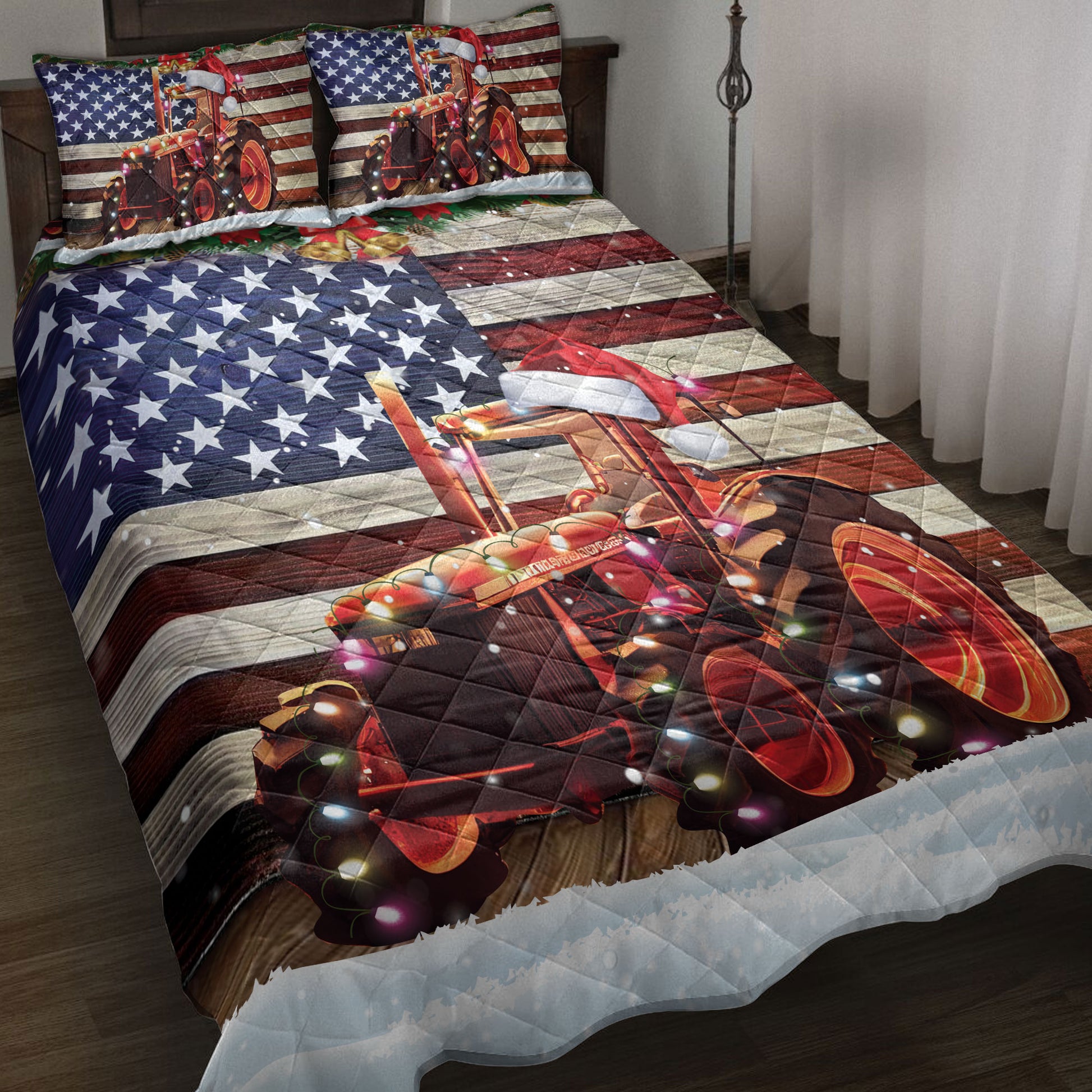 Ohaprints-Quilt-Bed-Set-Pillowcase-Red-Tractor-Farm-Country-Life-With-String-Lights-American-Flag-Blanket-Bedspread-Bedding-4156-Throw (55'' x 60'')