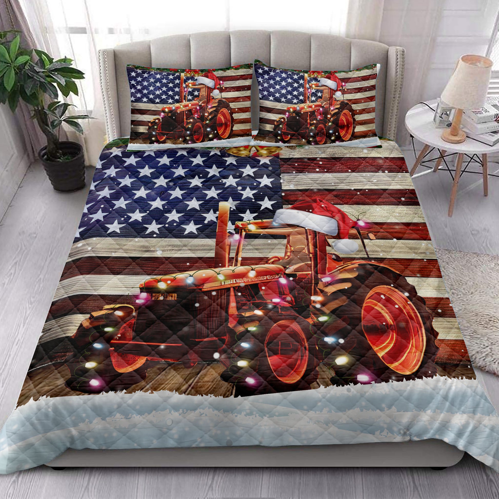 Ohaprints-Quilt-Bed-Set-Pillowcase-Red-Tractor-Farm-Country-Life-With-String-Lights-American-Flag-Blanket-Bedspread-Bedding-4156-King (90'' x 100'')