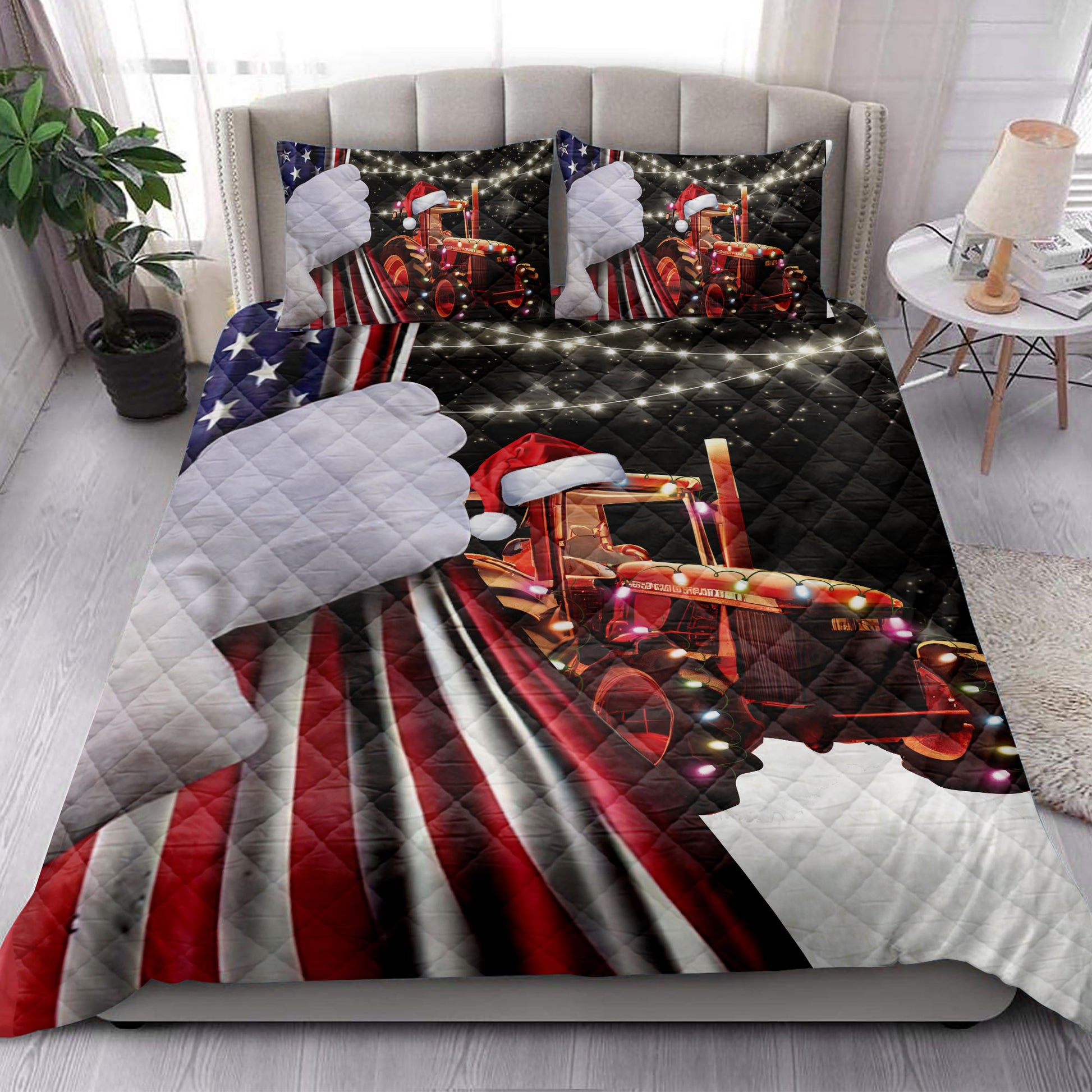 Ohaprints-Quilt-Bed-Set-Pillowcase-Red-Tractor-Farm-Country-Life-String-Lights-Snowflake-Us-Flag-Blanket-Bedspread-Bedding-4157-King (90'' x 100'')