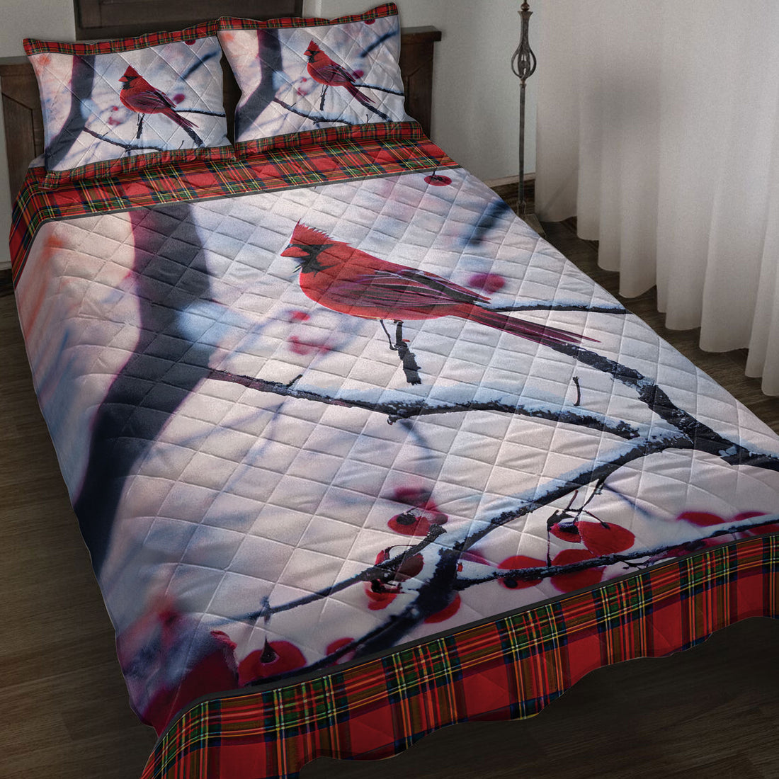 Ohaprints-Quilt-Bed-Set-Pillowcase-Cardinal-Perched-In-A-Cherry-Tree-Snowflake-Buffalo-Plaid-Christmas-Blanket-Bedspread-Bedding-4222-Throw (55'' x 60'')