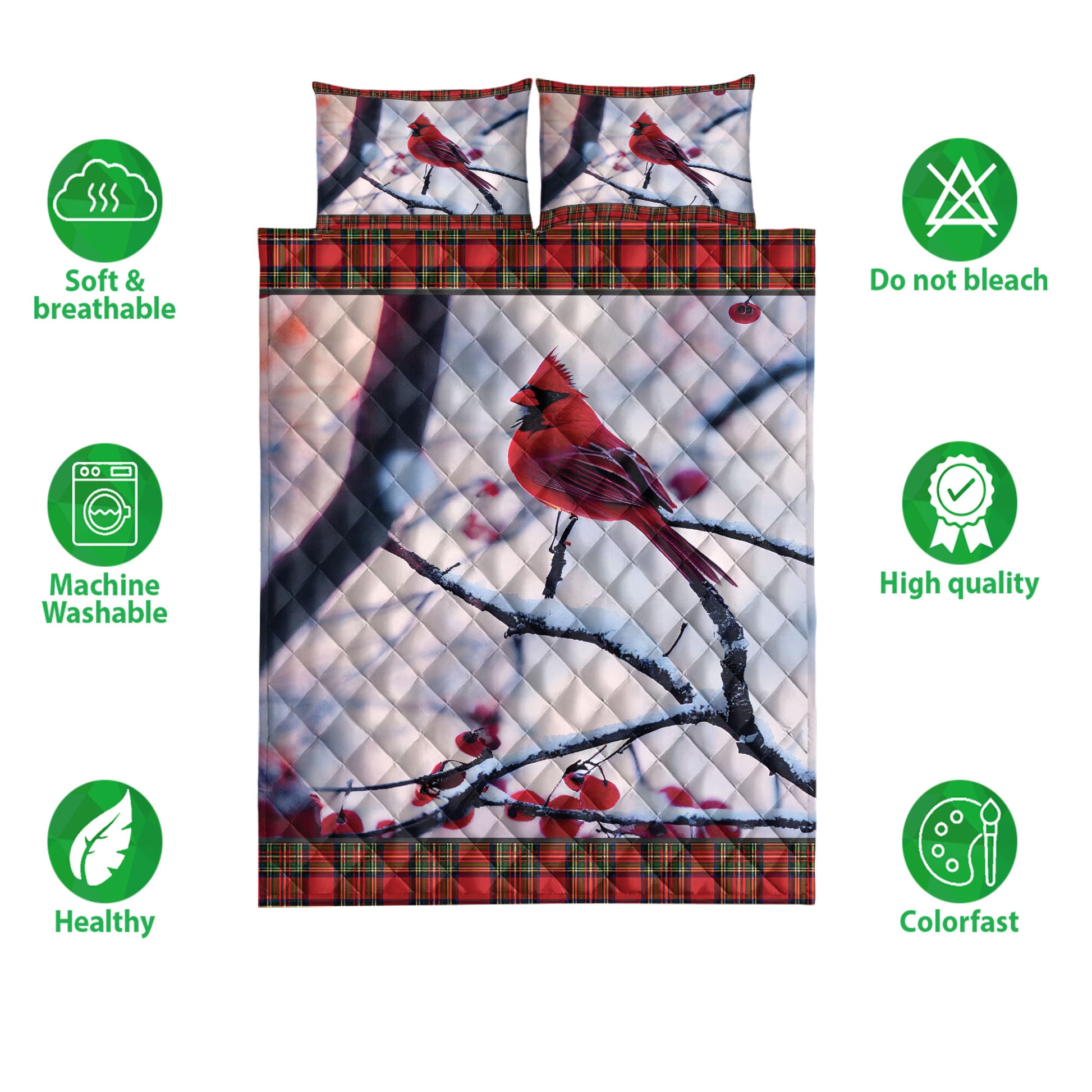 Ohaprints-Quilt-Bed-Set-Pillowcase-Cardinal-Perched-In-A-Cherry-Tree-Snowflake-Buffalo-Plaid-Christmas-Blanket-Bedspread-Bedding-4222-Double (70'' x 80'')