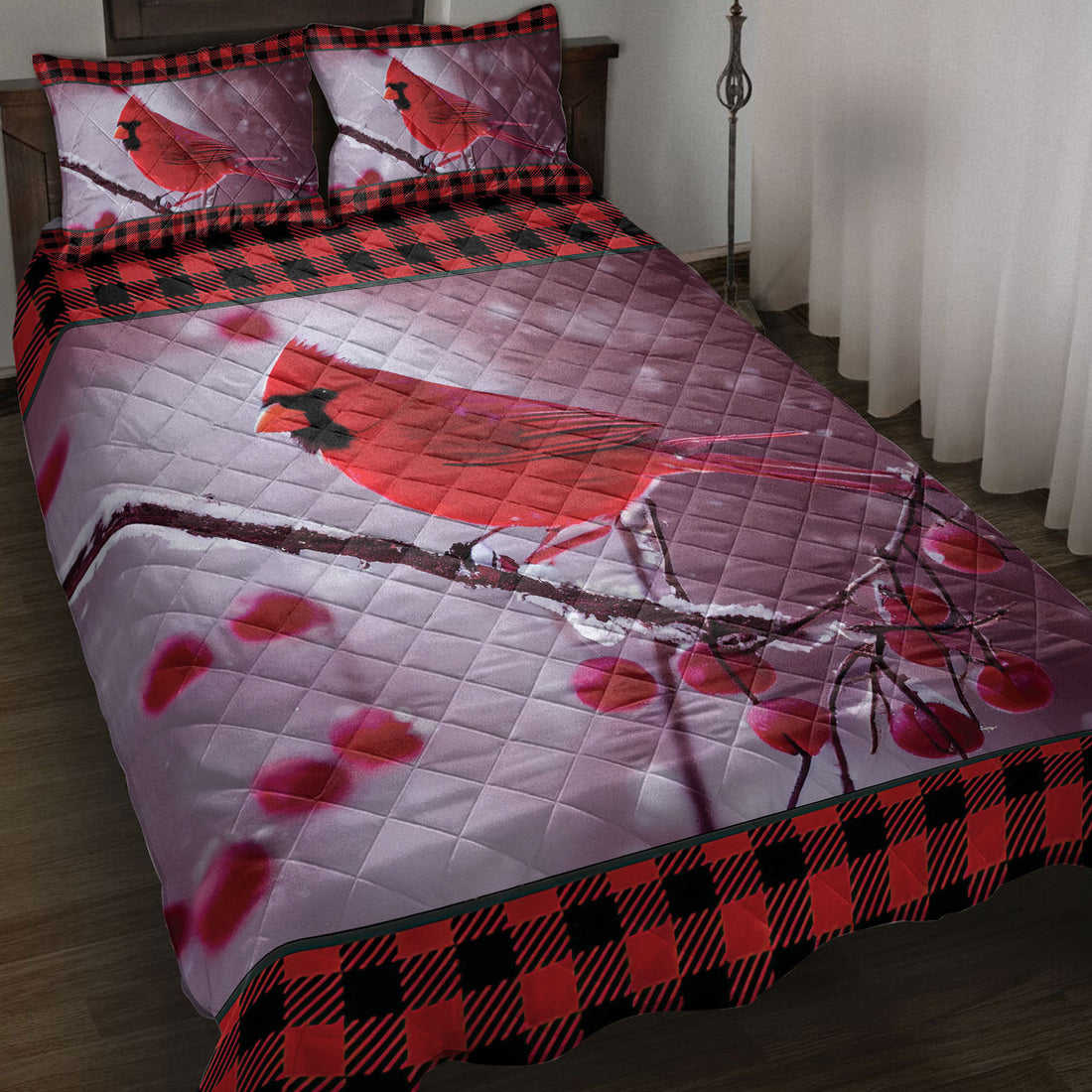 Ohaprints-Quilt-Bed-Set-Pillowcase-Red-Cardinal-Cherry-Tree-Snowflake-Red-Buffalo-Plaid-Gift-Bird-Lover-Blanket-Bedspread-Bedding-4224-Throw (55'' x 60'')