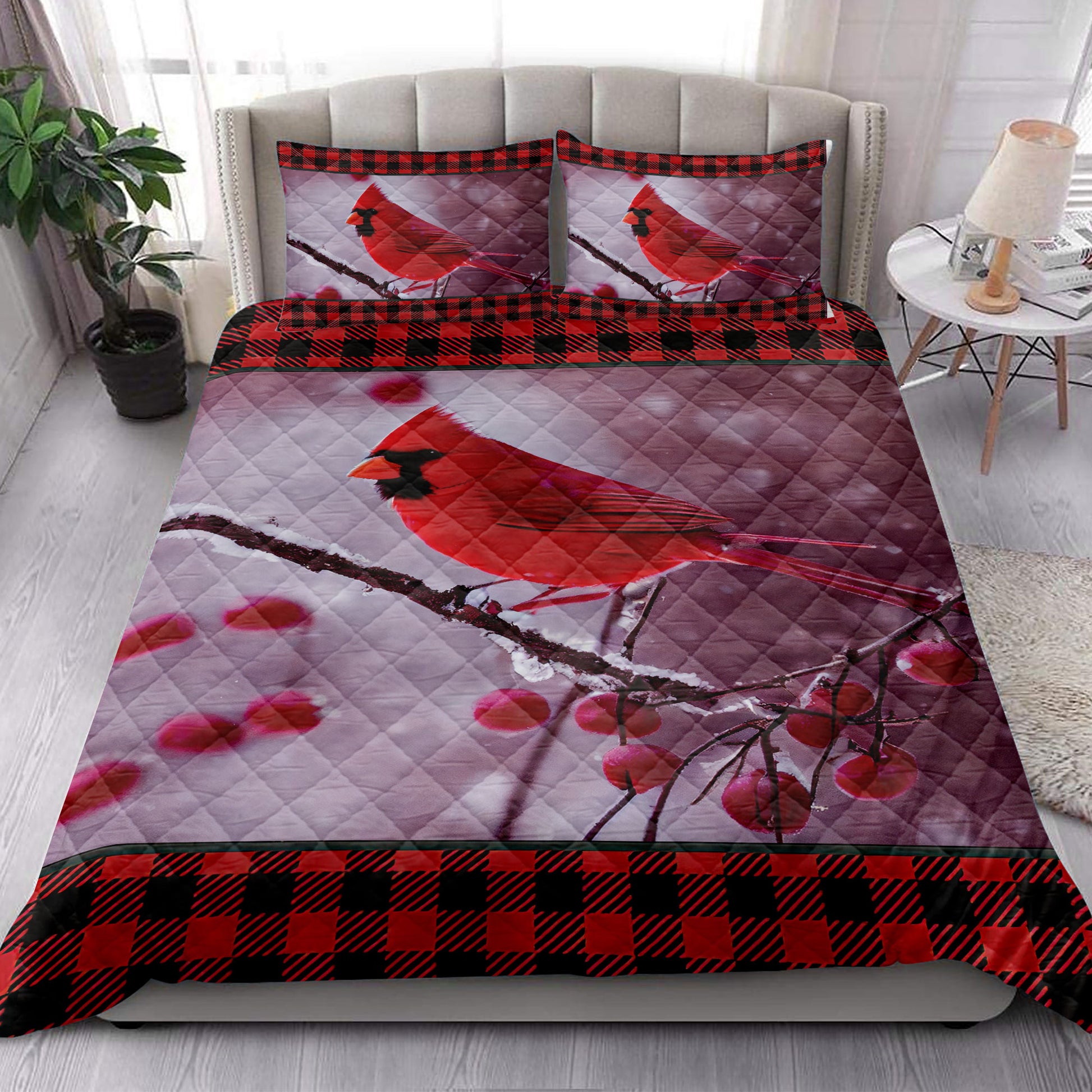 Ohaprints-Quilt-Bed-Set-Pillowcase-Red-Cardinal-Cherry-Tree-Snowflake-Red-Buffalo-Plaid-Gift-Bird-Lover-Blanket-Bedspread-Bedding-4224-King (90'' x 100'')