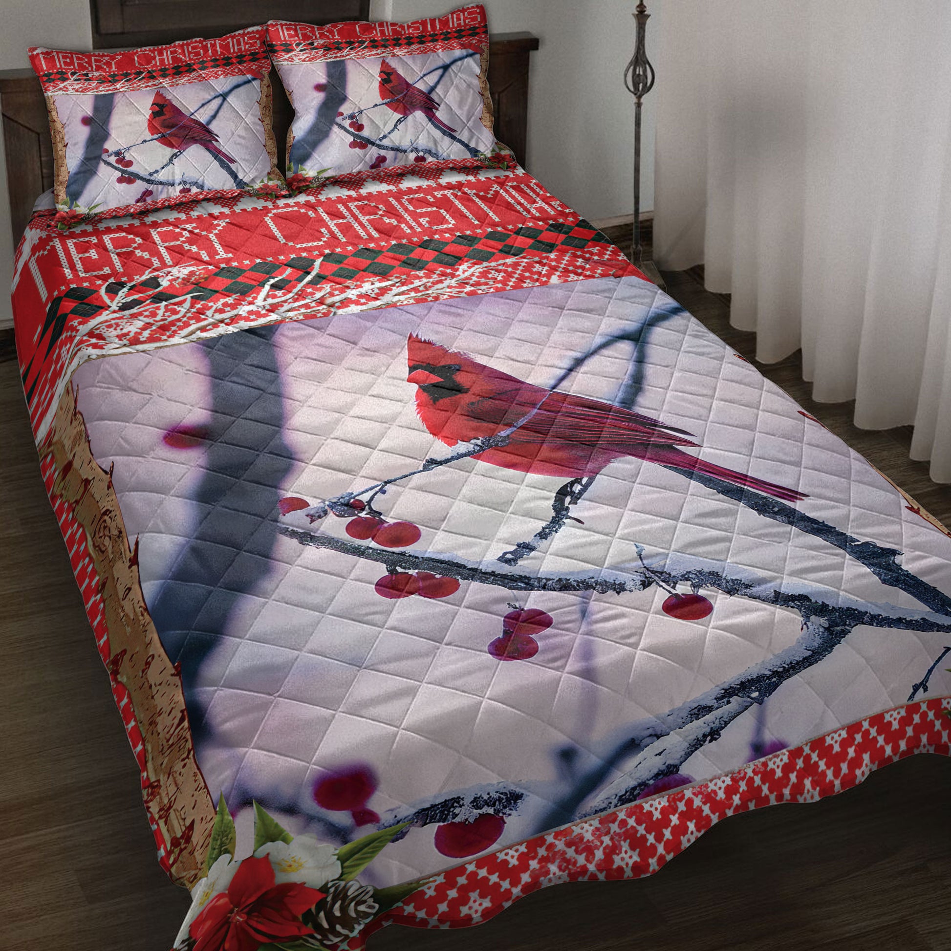 Ohaprints-Quilt-Bed-Set-Pillowcase-Beautiful-Cardinal-Bird-Cherry-Tree-And-Snowflake-Bird-Lovers-Blanket-Bedspread-Bedding-4225-Throw (55'' x 60'')