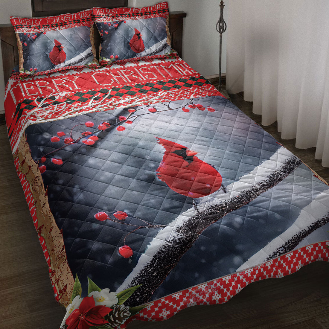 Ohaprints-Quilt-Bed-Set-Pillowcase-Lovely-Cardinal-Bird-Perched-Cherry-Tree-Snowflake-Bird-Lovers-Blanket-Bedspread-Bedding-4226-Throw (55'' x 60'')