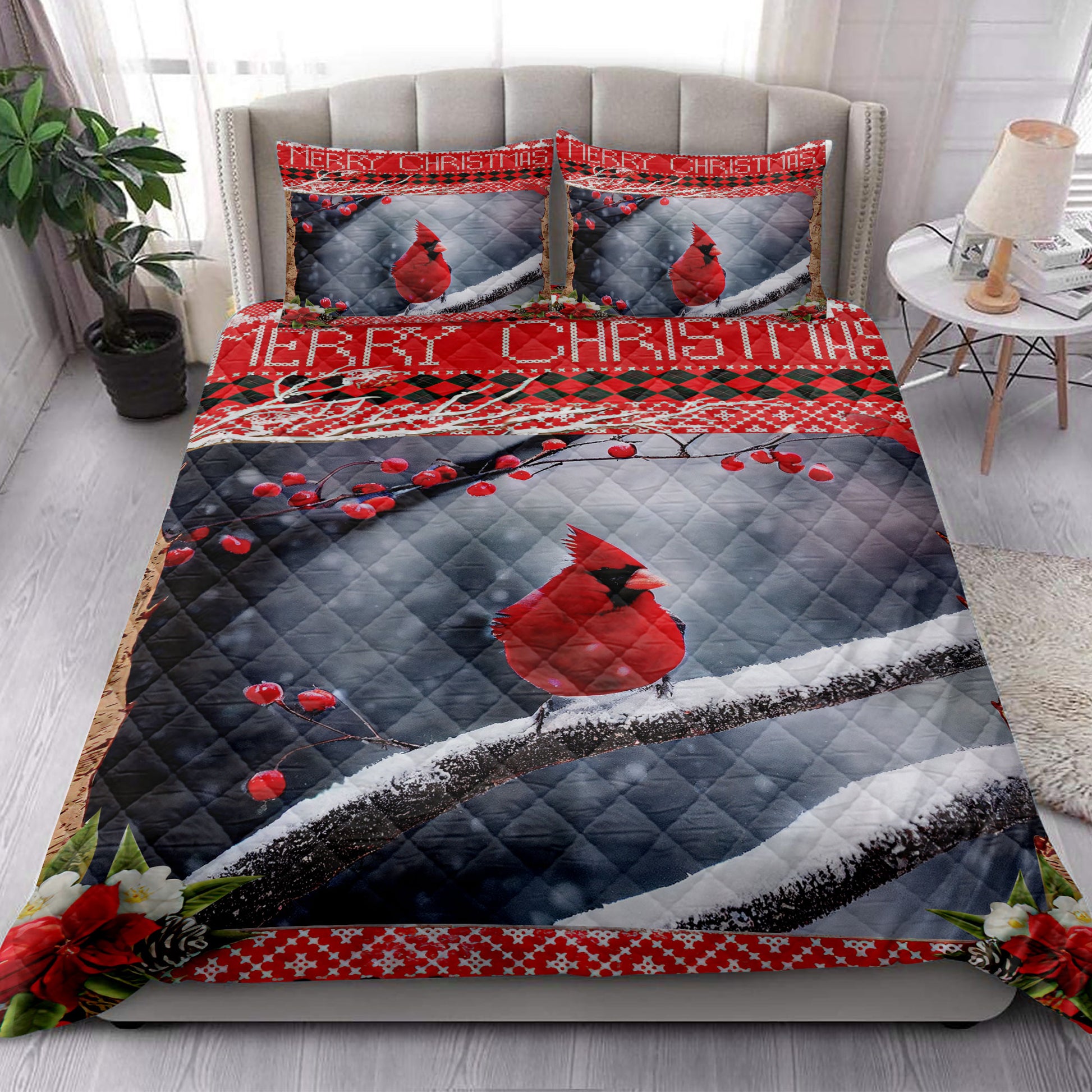 Ohaprints-Quilt-Bed-Set-Pillowcase-Lovely-Cardinal-Bird-Perched-Cherry-Tree-Snowflake-Bird-Lovers-Blanket-Bedspread-Bedding-4226-King (90'' x 100'')