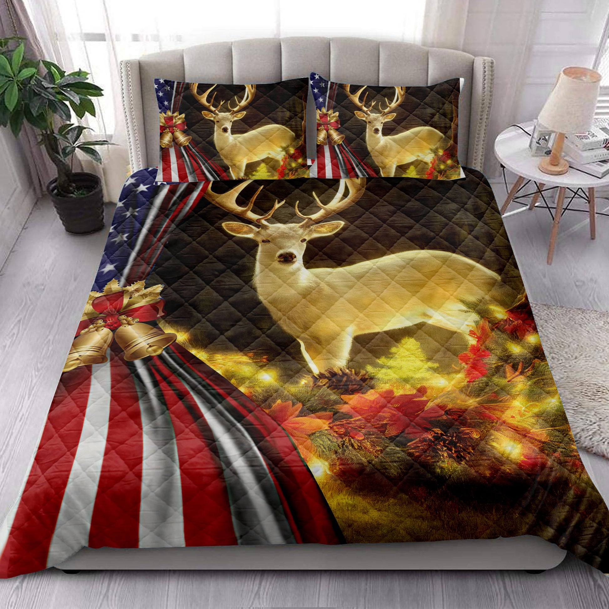 Ohaprints-Quilt-Bed-Set-Pillowcase-Beautiful-Deer-In-Forest-Christmas-Bell-American-Flag-Christmas-Gift-Blanket-Bedspread-Bedding-4227-King (90'' x 100'')