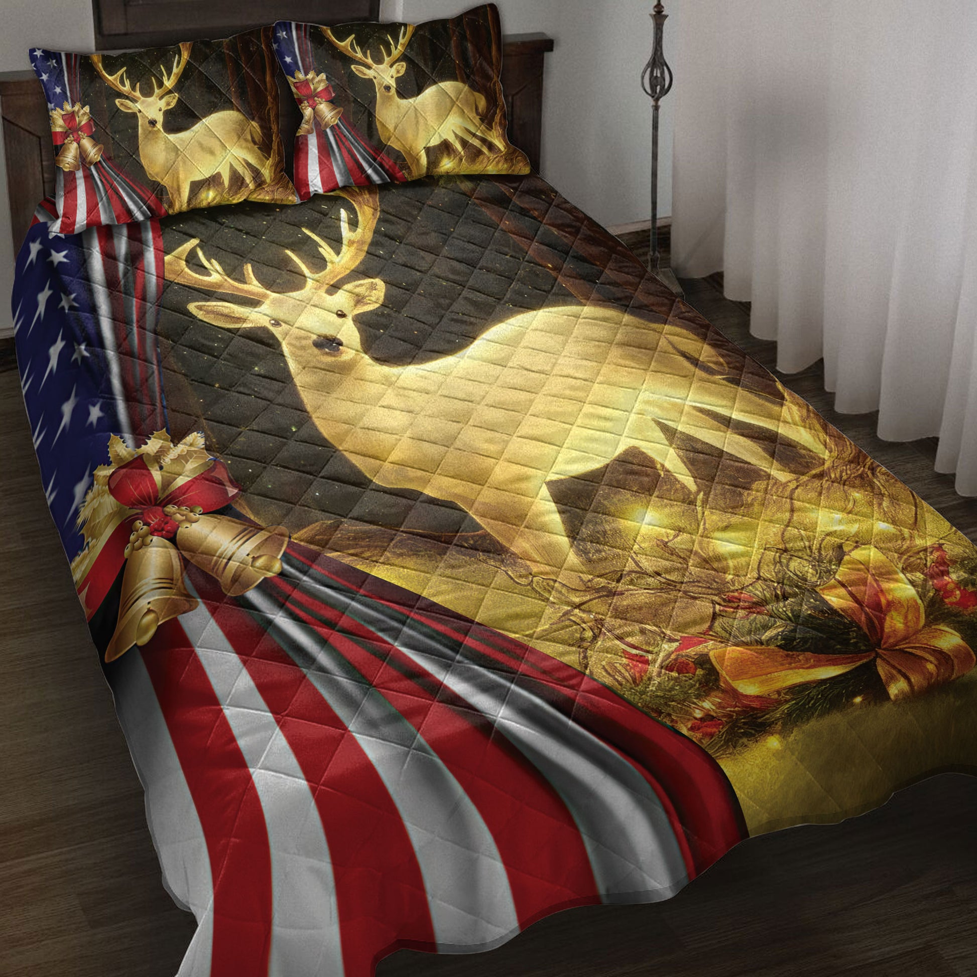 Ohaprints-Quilt-Bed-Set-Pillowcase-Lovely-Deer-In-Forest-Christmas-Bell-American-Flag-Christmas-Gift-Blanket-Bedspread-Bedding-4228-Throw (55'' x 60'')