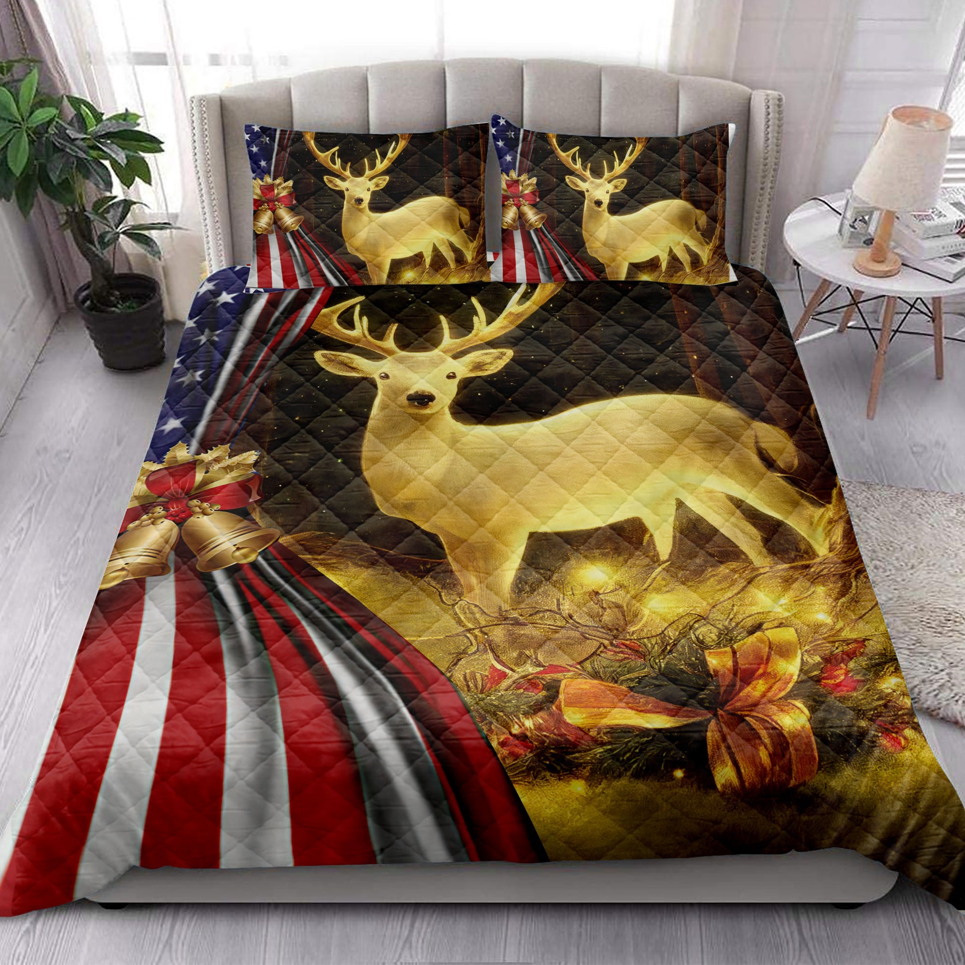 Ohaprints-Quilt-Bed-Set-Pillowcase-Lovely-Deer-In-Forest-Christmas-Bell-American-Flag-Christmas-Gift-Blanket-Bedspread-Bedding-4228-King (90'' x 100'')