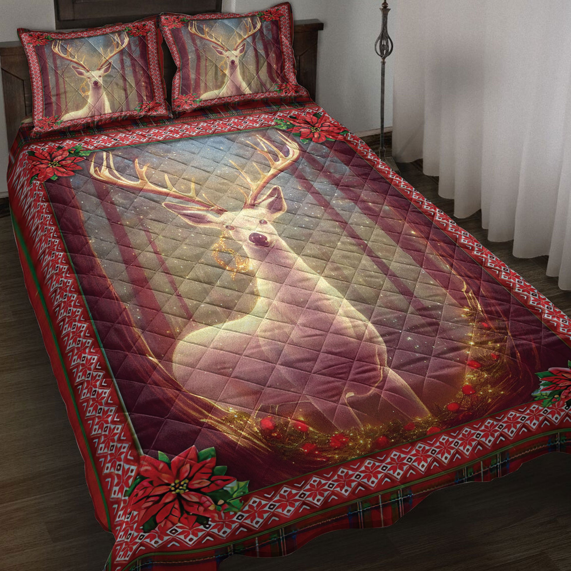 Ohaprints-Quilt-Bed-Set-Pillowcase-Beautiful-Deer-In-Forest-Christmas-Light-Mistletoe-Poinsettia-Blanket-Bedspread-Bedding-4229-Throw (55'' x 60'')