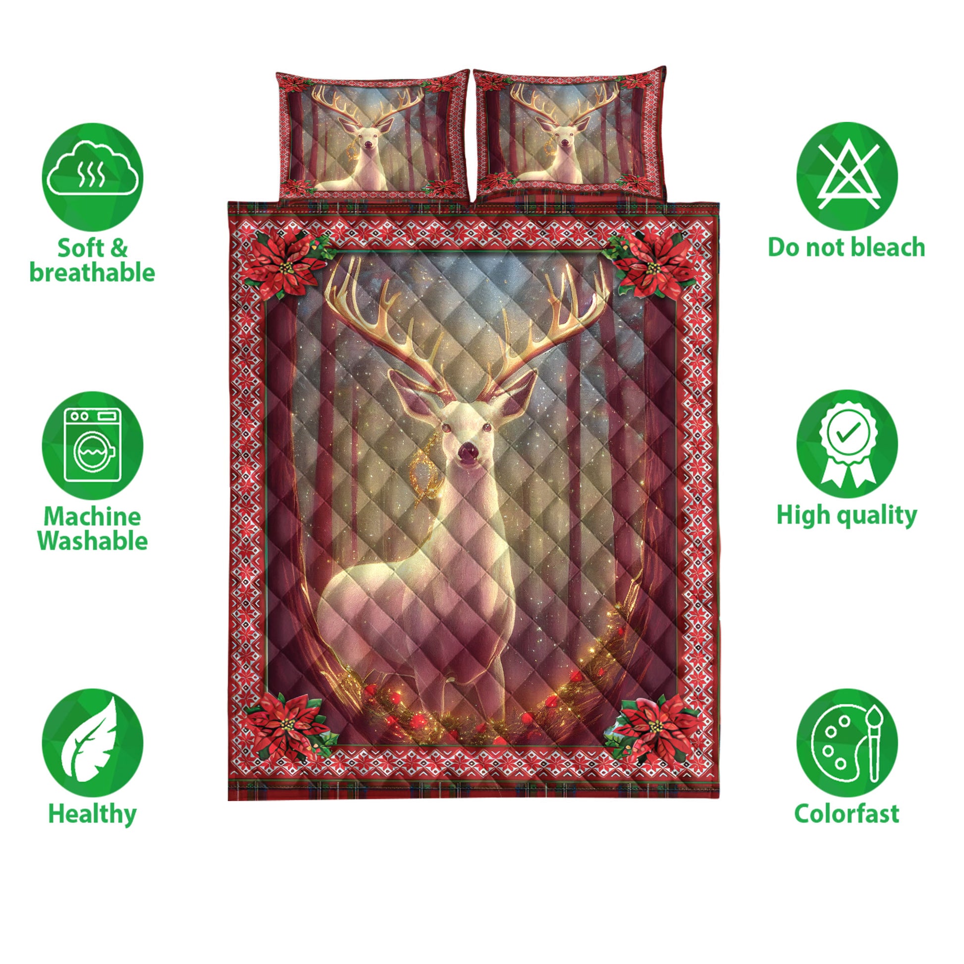 Ohaprints-Quilt-Bed-Set-Pillowcase-Beautiful-Deer-In-Forest-Christmas-Light-Mistletoe-Poinsettia-Blanket-Bedspread-Bedding-4229-Double (70'' x 80'')