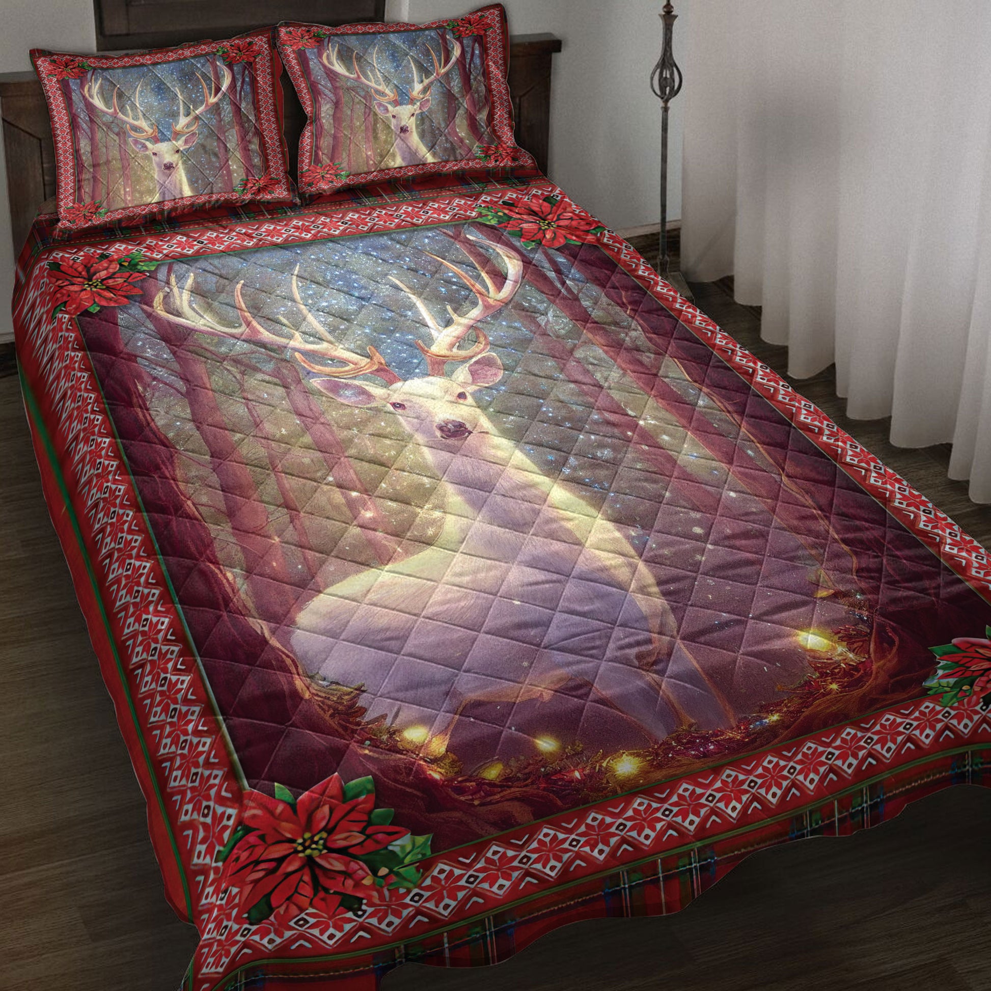 Ohaprints-Quilt-Bed-Set-Pillowcase-White-Deer-With-Christmas-Light-And-Holy-Poinsettia-Christmas-Gifts-Blanket-Bedspread-Bedding-4230-Throw (55'' x 60'')