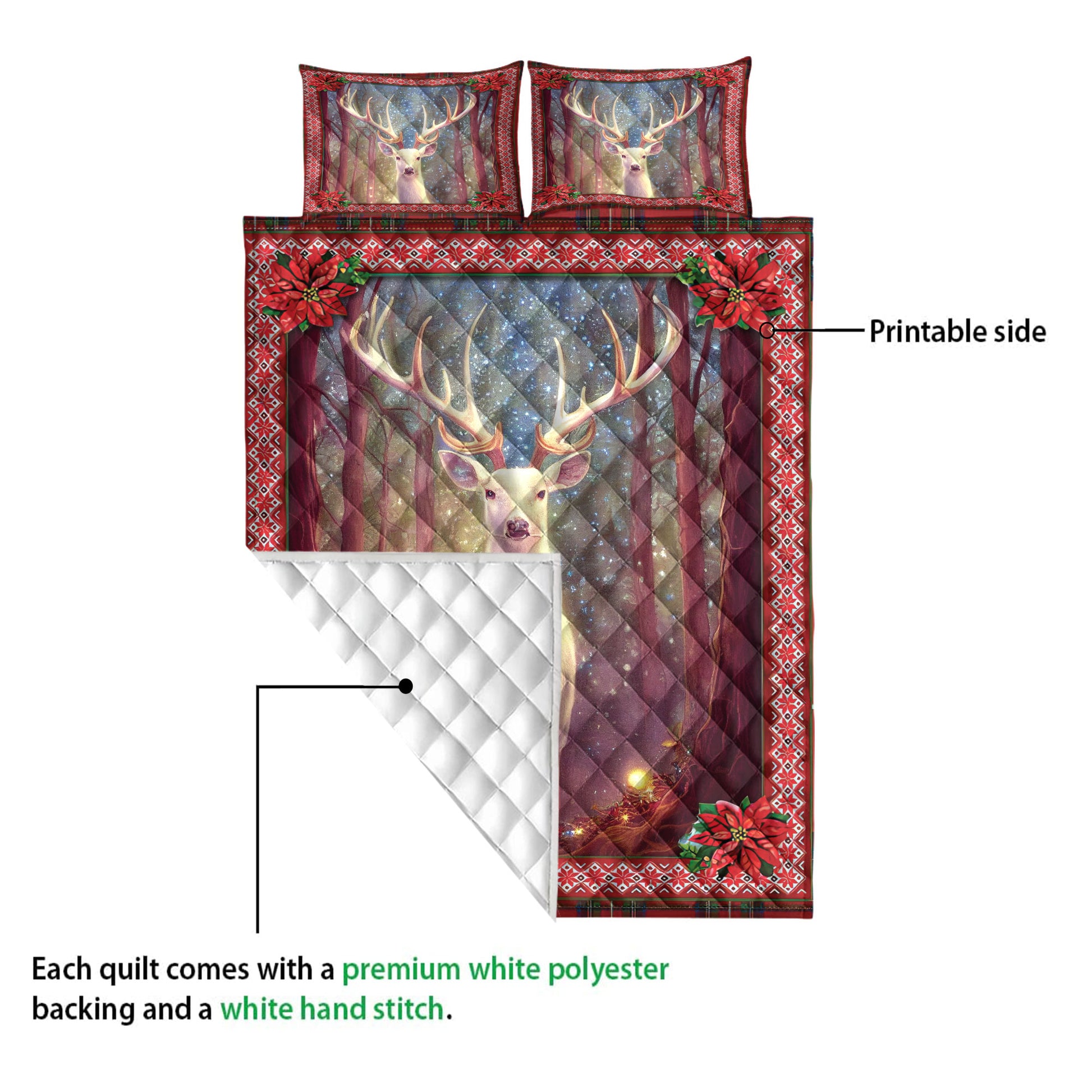 Ohaprints-Quilt-Bed-Set-Pillowcase-White-Deer-With-Christmas-Light-And-Holy-Poinsettia-Christmas-Gifts-Blanket-Bedspread-Bedding-4230-Queen (80'' x 90'')