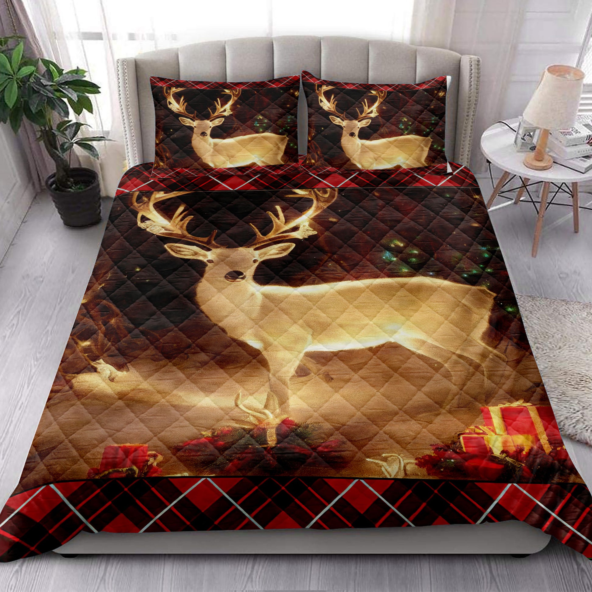 Ohaprints-Quilt-Bed-Set-Pillowcase-White-Deer-In-Forest-With-Christmas-Gifts-Unique-Christmas-Gifts-Blanket-Bedspread-Bedding-4232-King (90'' x 100'')