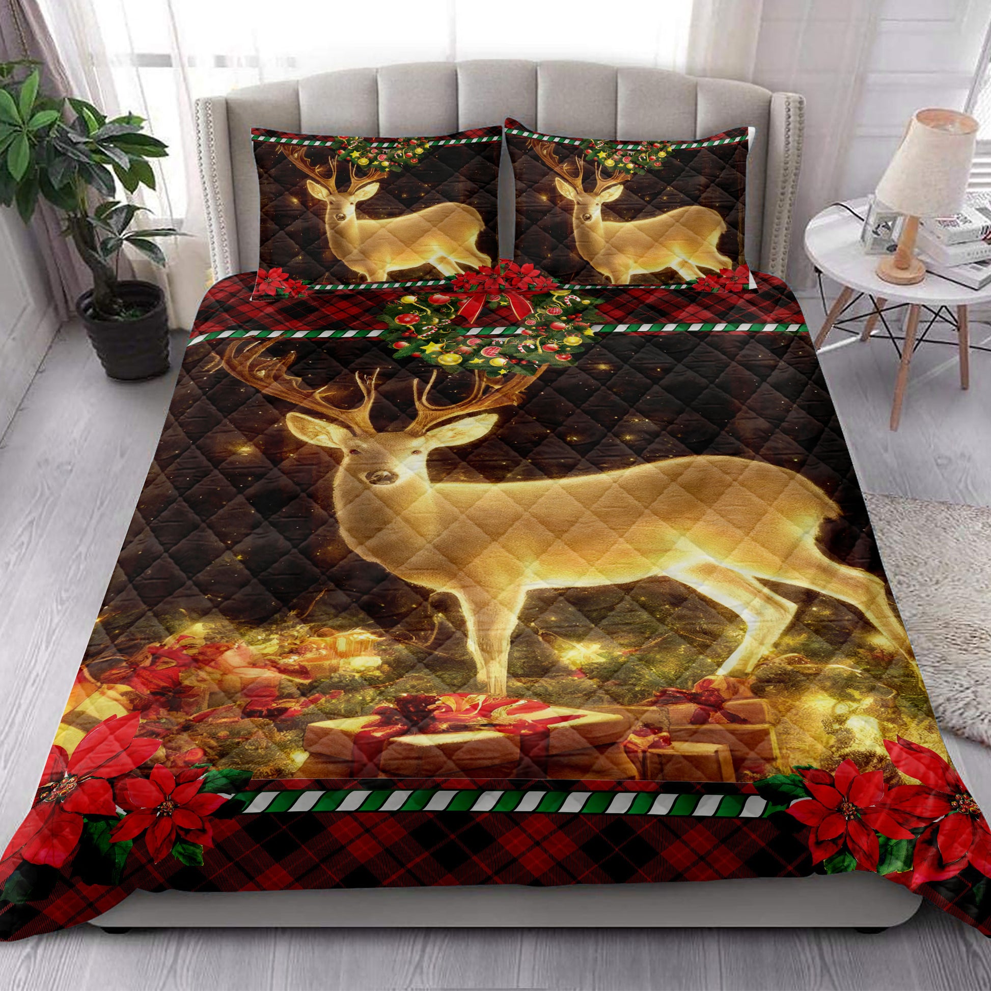 Ohaprints-Quilt-Bed-Set-Pillowcase-Beautiful-Deer-In-Forest-With-Wreath-Chrismas-Unique-Christmas-Gifts-Blanket-Bedspread-Bedding-4233-King (90'' x 100'')