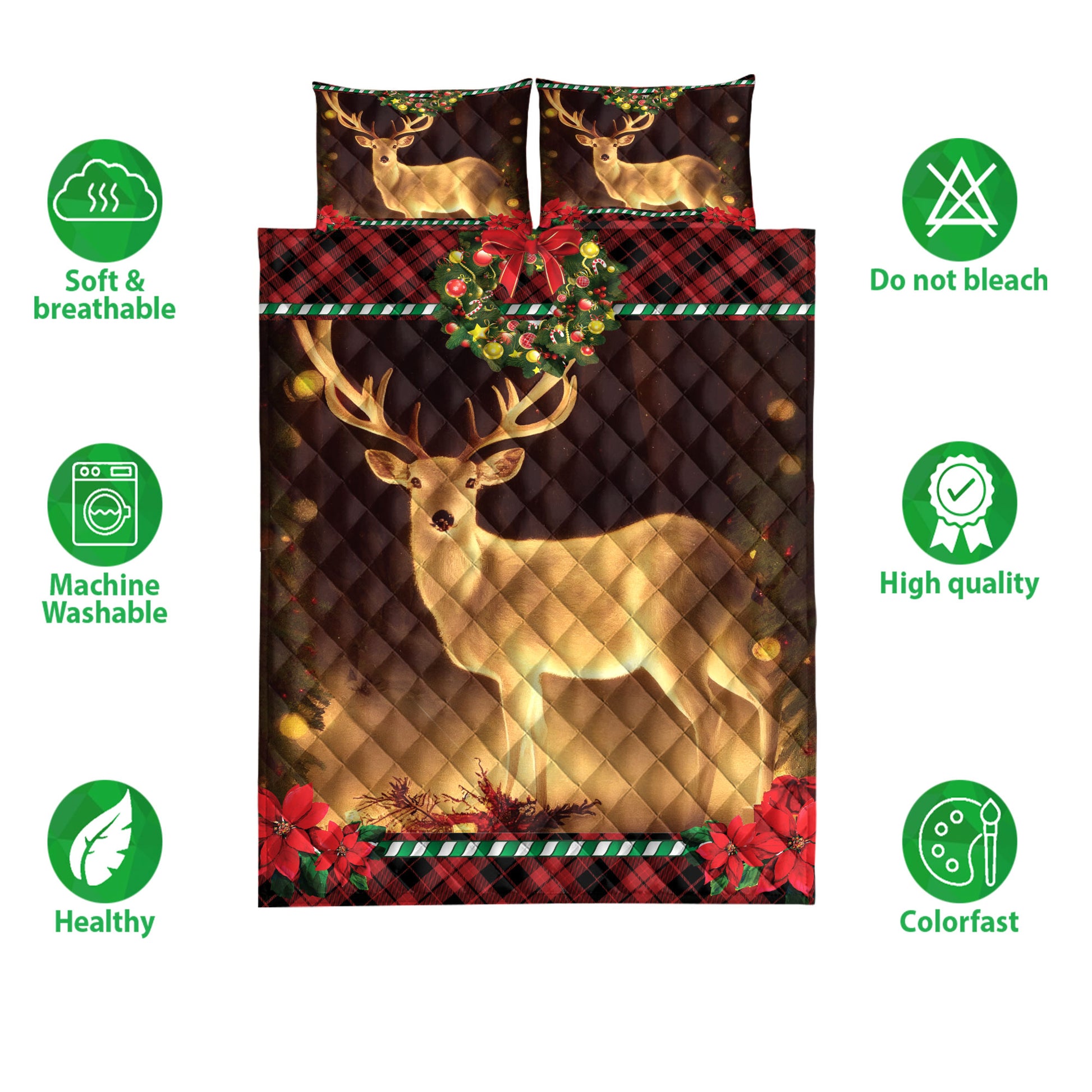 Ohaprints-Quilt-Bed-Set-Pillowcase-Lovely-Deer-In-Forest-With-Wreath-Christmas-Unique-Gifts-Blanket-Bedspread-Bedding-4234-Double (70'' x 80'')