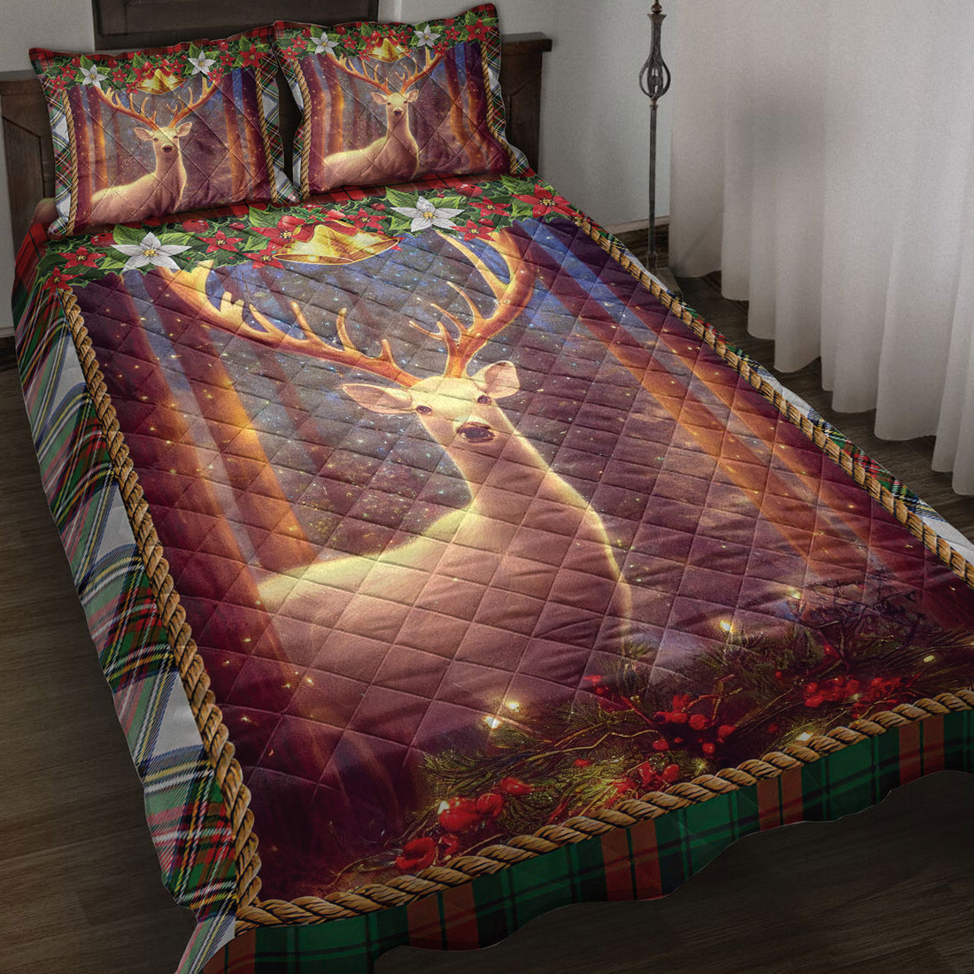 Ohaprints-Quilt-Bed-Set-Pillowcase-White-Deer-With-Christmas-Light-Unique-Christmas-Gifts-Blanket-Bedspread-Bedding-4235-Throw (55'' x 60'')