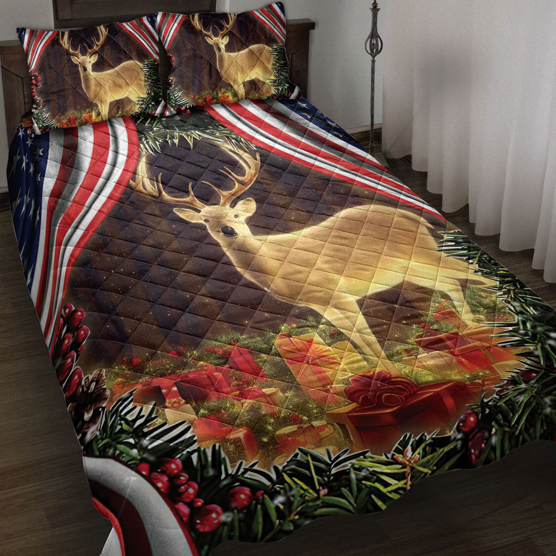 Ohaprints-Quilt-Bed-Set-Pillowcase-Beautiful-Deer-In-Forest-With-Gift-Boxes-Christmas-American-Flag-Blanket-Bedspread-Bedding-4236-Throw (55'' x 60'')