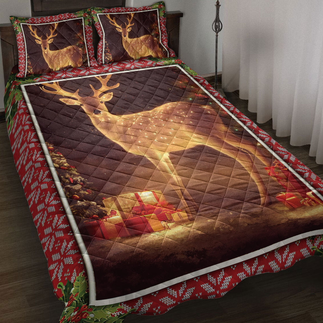 Ohaprints-Quilt-Bed-Set-Pillowcase-Lovely-Deer-With-Christmas-Tree-And-Gift-Box-Unique-Christmas-Gifts-Blanket-Bedspread-Bedding-4237-Throw (55'' x 60'')