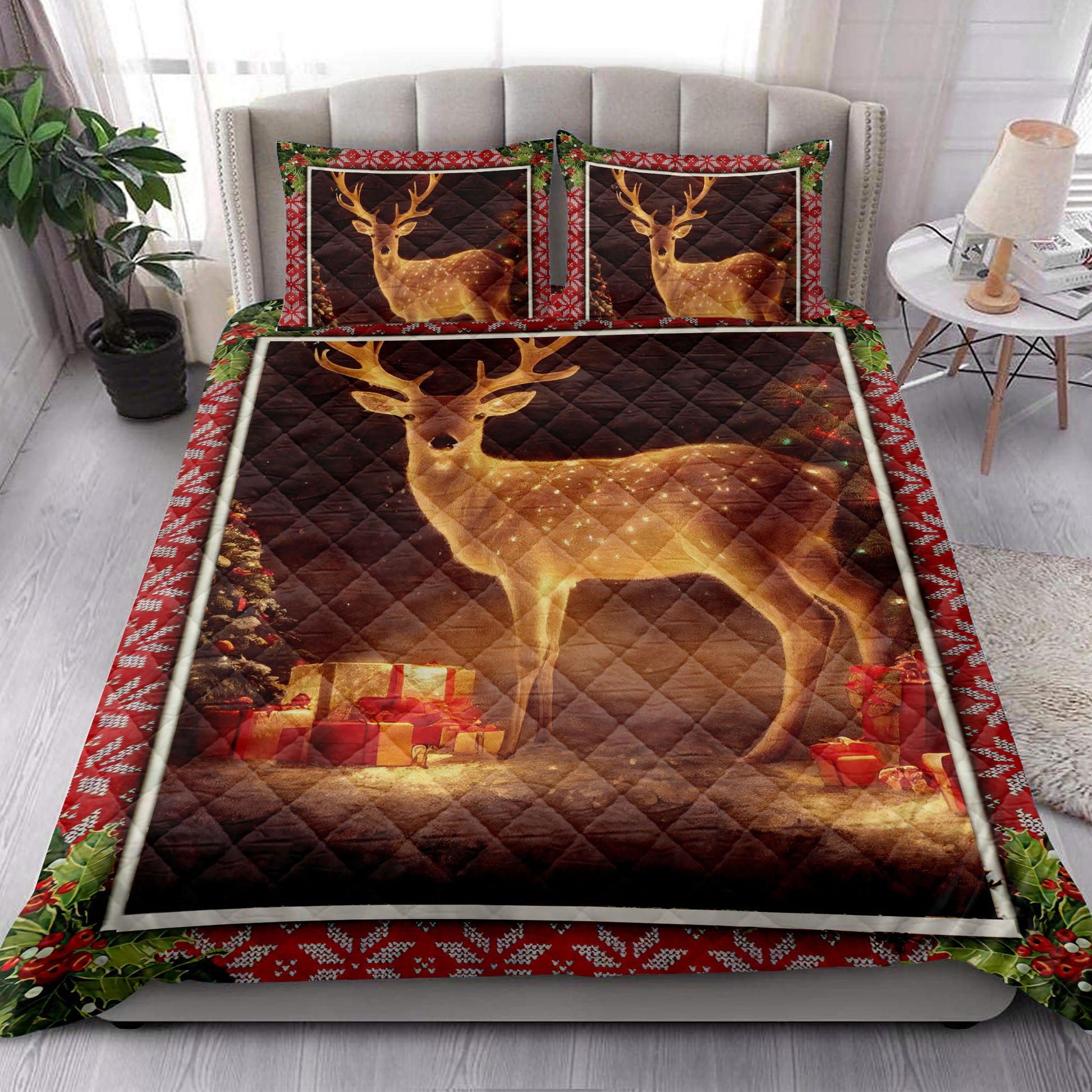 Ohaprints-Quilt-Bed-Set-Pillowcase-Lovely-Deer-With-Christmas-Tree-And-Gift-Box-Unique-Christmas-Gifts-Blanket-Bedspread-Bedding-4237-King (90'' x 100'')