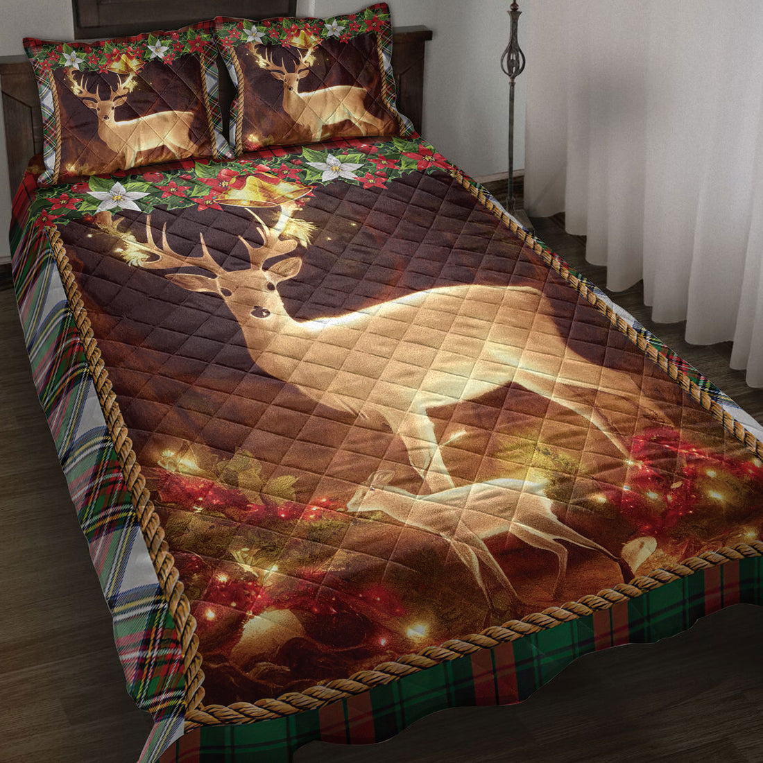 Ohaprints-Quilt-Bed-Set-Pillowcase-Beautiful-Deer-And-Son-With-Christmas-Light-And-Garland-Unique-Gifts-Blanket-Bedspread-Bedding-4238-Throw (55'' x 60'')