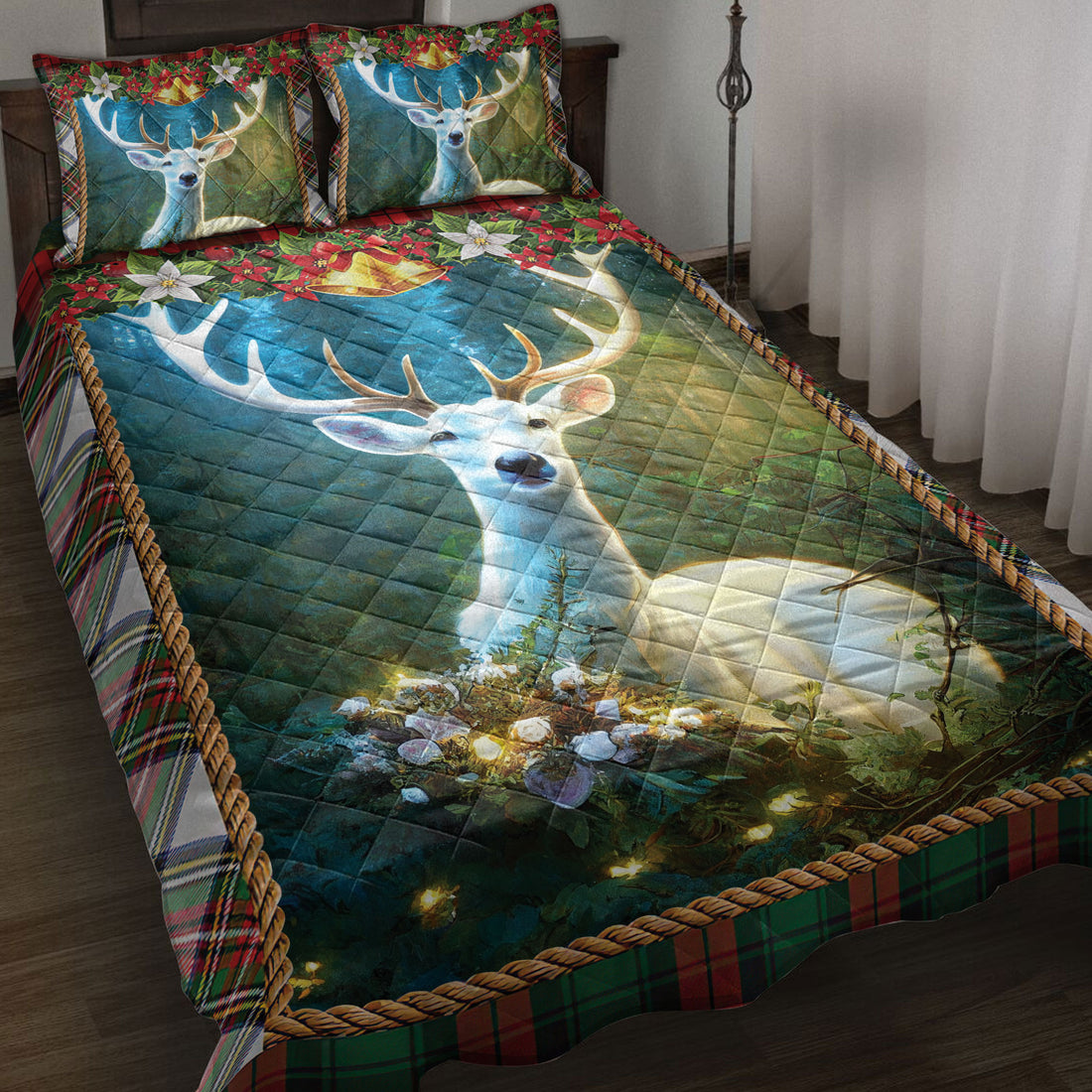 Ohaprints-Quilt-Bed-Set-Pillowcase-Beautiful-White-Deer-In-Forest-With-Christmas-Light-Christmas-Gifts-Blanket-Bedspread-Bedding-4239-Throw (55'' x 60'')