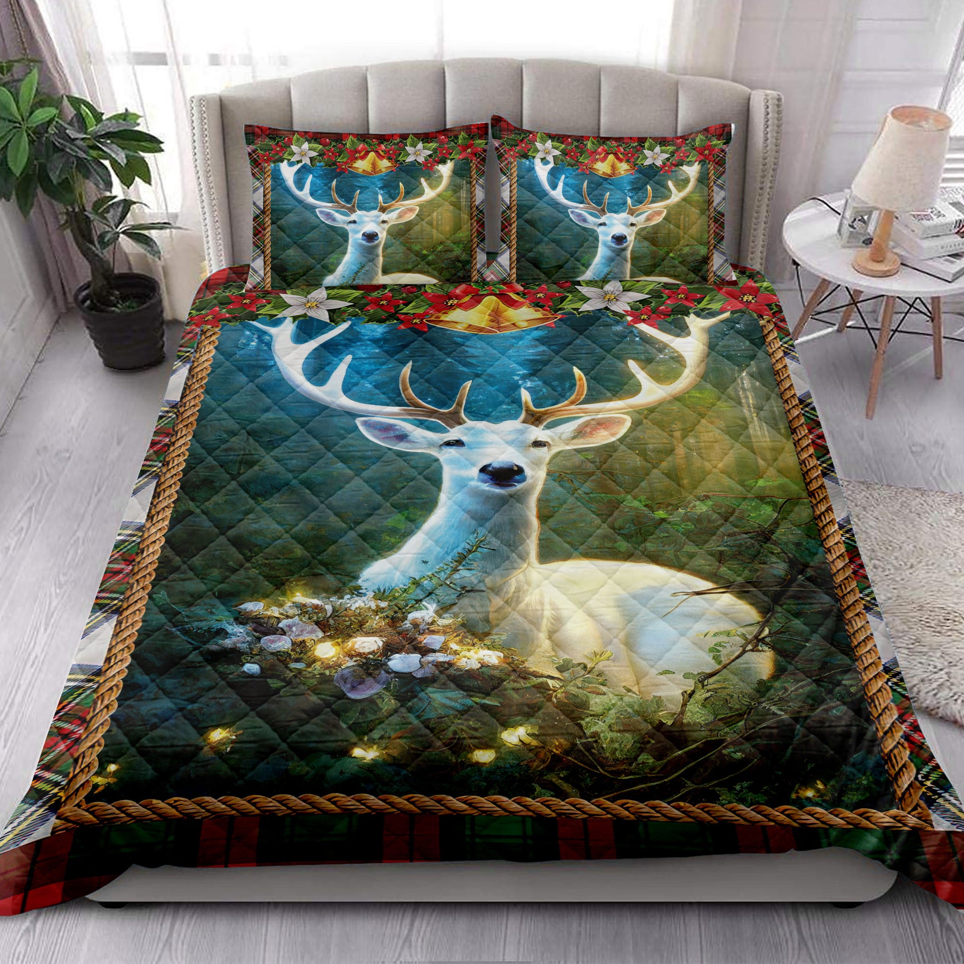 Ohaprints-Quilt-Bed-Set-Pillowcase-Beautiful-White-Deer-In-Forest-With-Christmas-Light-Christmas-Gifts-Blanket-Bedspread-Bedding-4239-King (90'' x 100'')