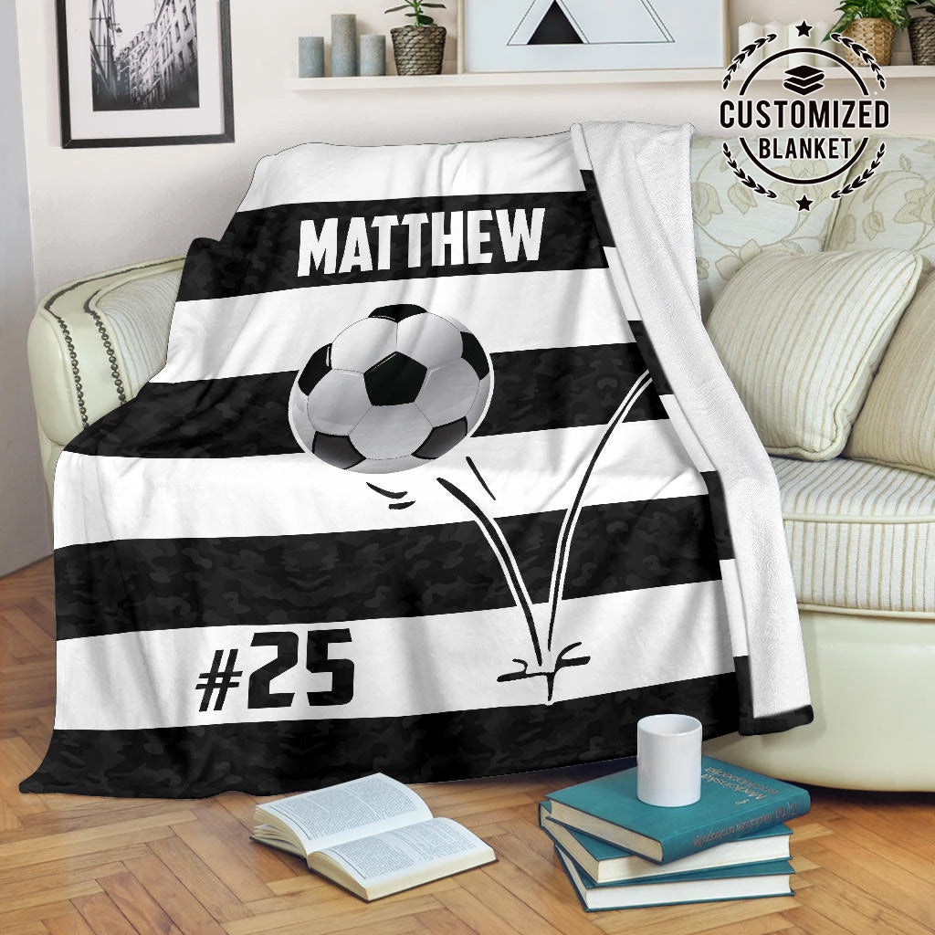 Ohaprints-Fleece-Sherpa-Blanket-Soccer-Ball-Bounce-Black-White-Custom-Personalized-Name-Number-Soft-Throw-Blanket-1255-Fleece Blanket