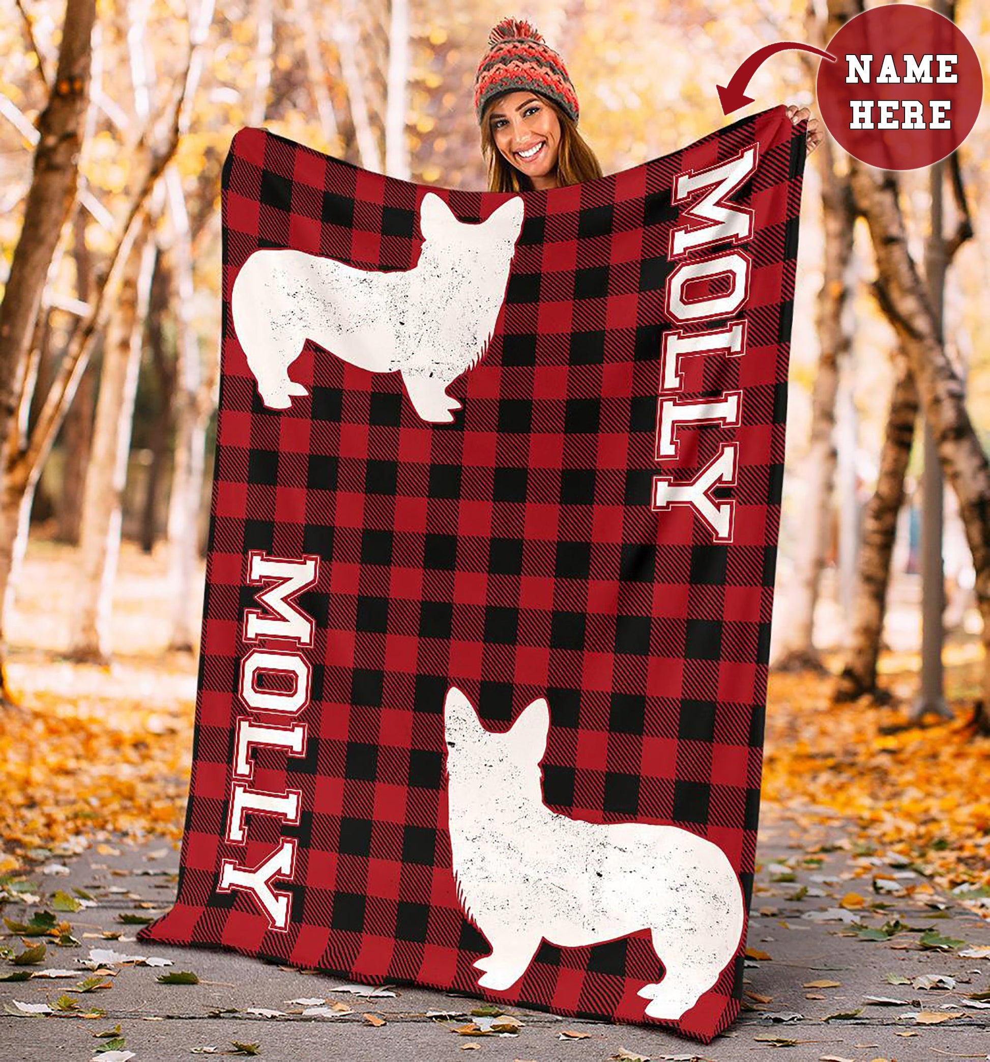 Ohaprints-Fleece-Sherpa-Blanket-Corgi-Dog-Checkered-Red-Black-Gift-For-Dog-Lovers-Custom-Personalized-Name-Soft-Throw-Blanket-1796-Fleece Blanket