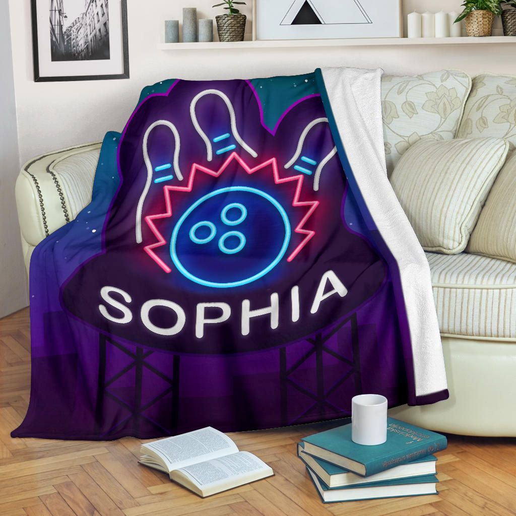 Ohaprints-Fleece-Sherpa-Blanket-Bowling-Neon-Custom-Personalized-Name-Soft-Throw-Blanket-1422-Fleece Blanket