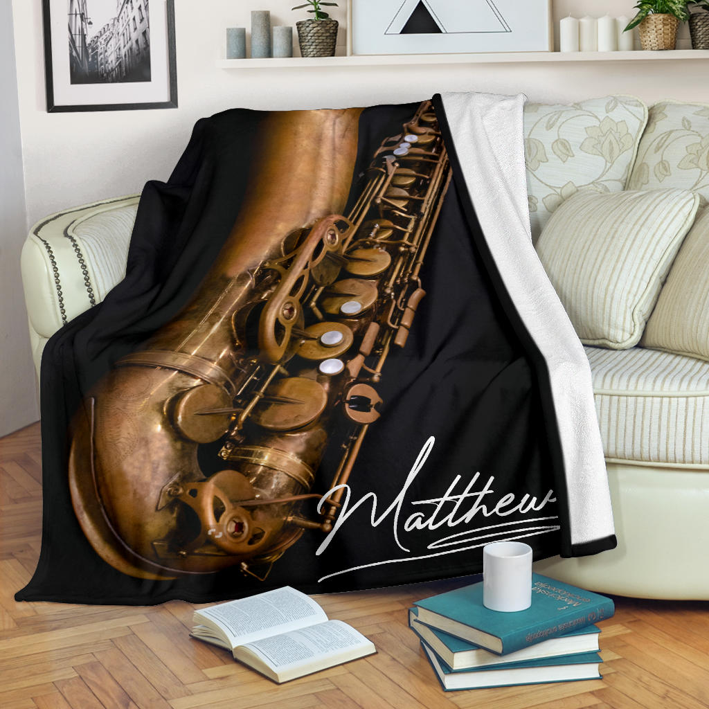 Ohaprints-Fleece-Sherpa-Blanket-Saxophone-Lover-Gift-Saxophone-Artist-Vintage-Black-Custom-Personalized-Name-Soft-Throw-Blanket-1887-Fleece Blanket